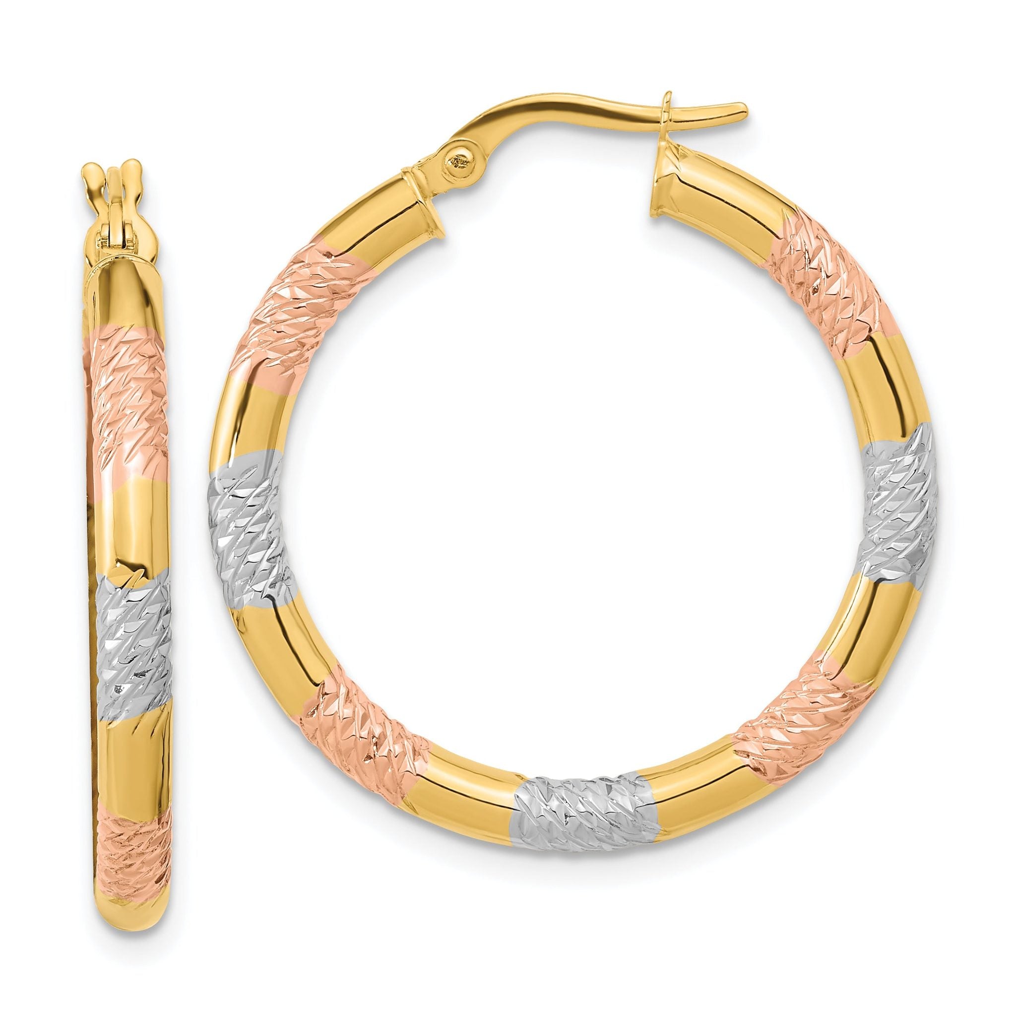 14k with Rose and White Rhodium Diamond-cut 3.0mm Hoop Earrings Main image