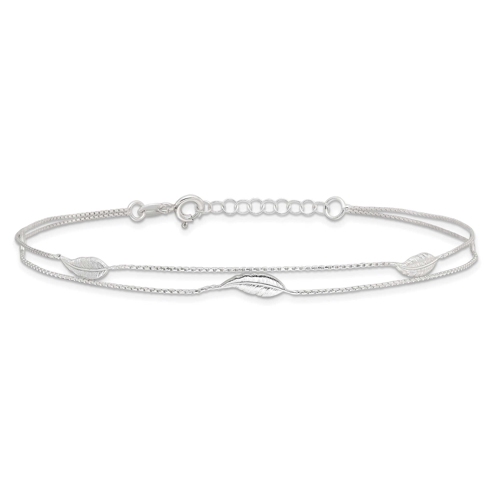 Sterling Silver 2-Strand Feathers 9 inch Plus 1 inch Extender - Total 10 inch Anklet