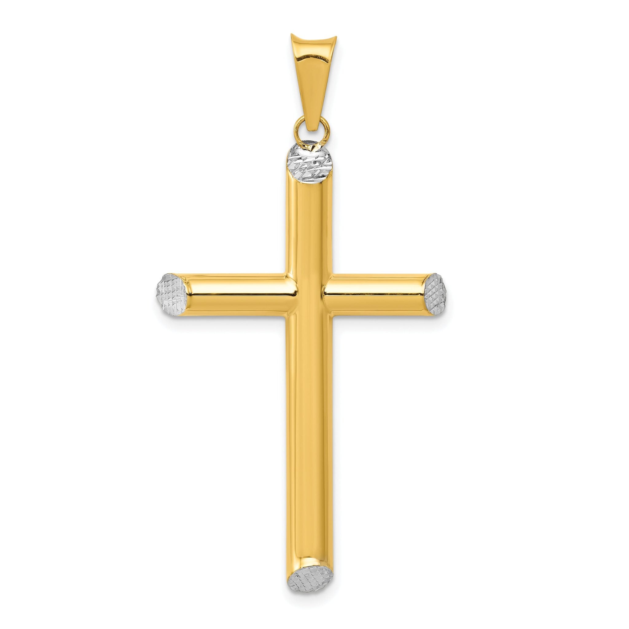 14K Gold and Rhodium 3D Hollow Diamond-Cut Cross Pendant Elegant Design