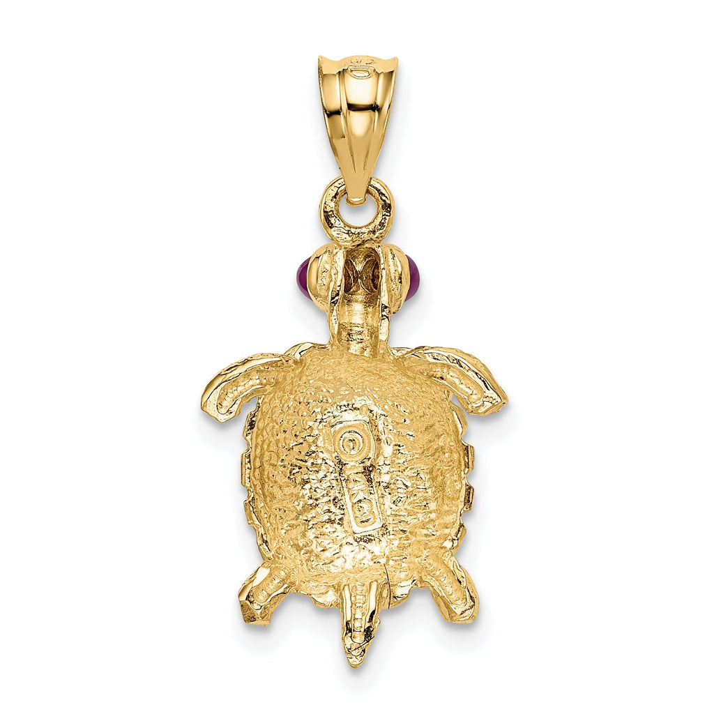 14K Gold Turtle Pendant with Ruby Eyes  Polished & Textured Design
