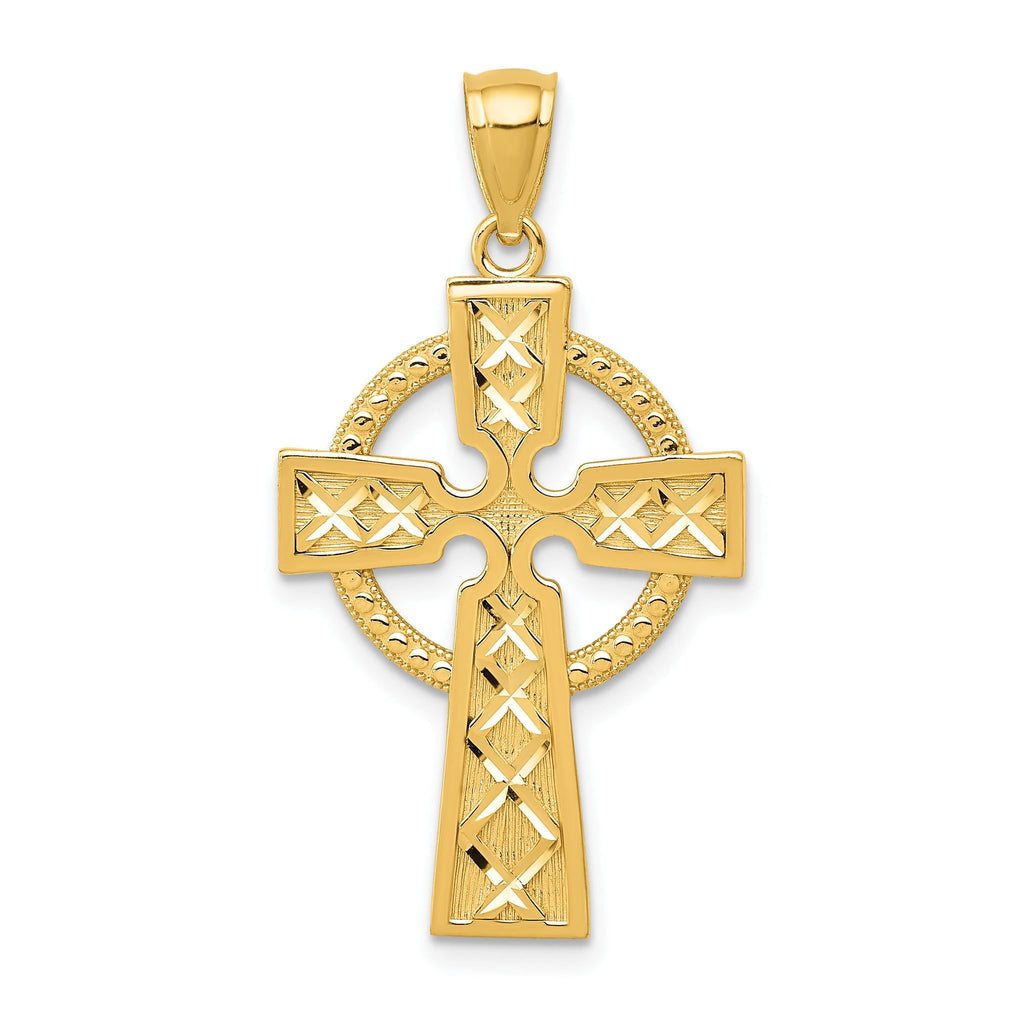 14K Gold Celtic Cross Pendant with Diamond-Cut Texture Elegant Cast Design
