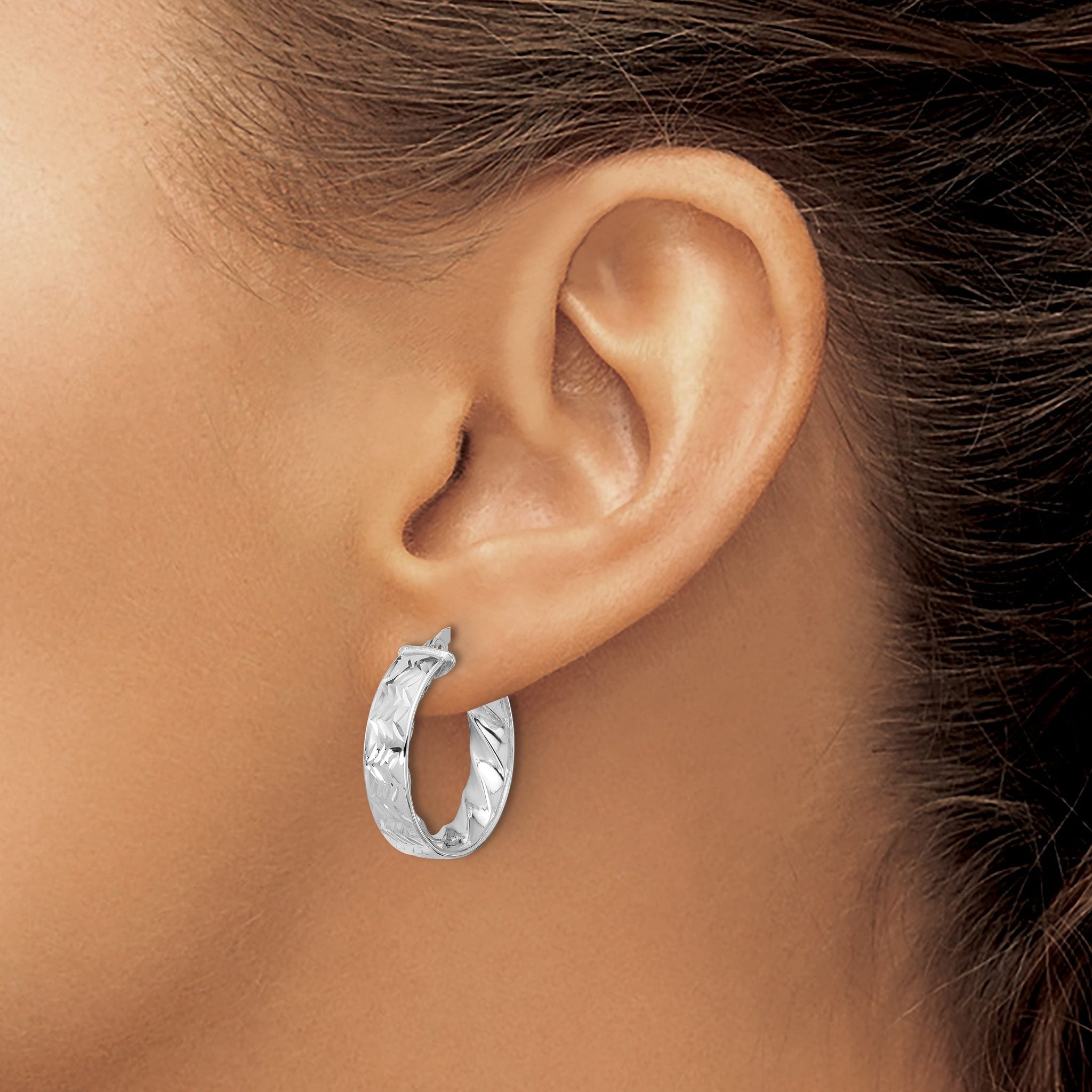 14k w/ White Rhodium Plating Polished and D/C Hoop Earrings