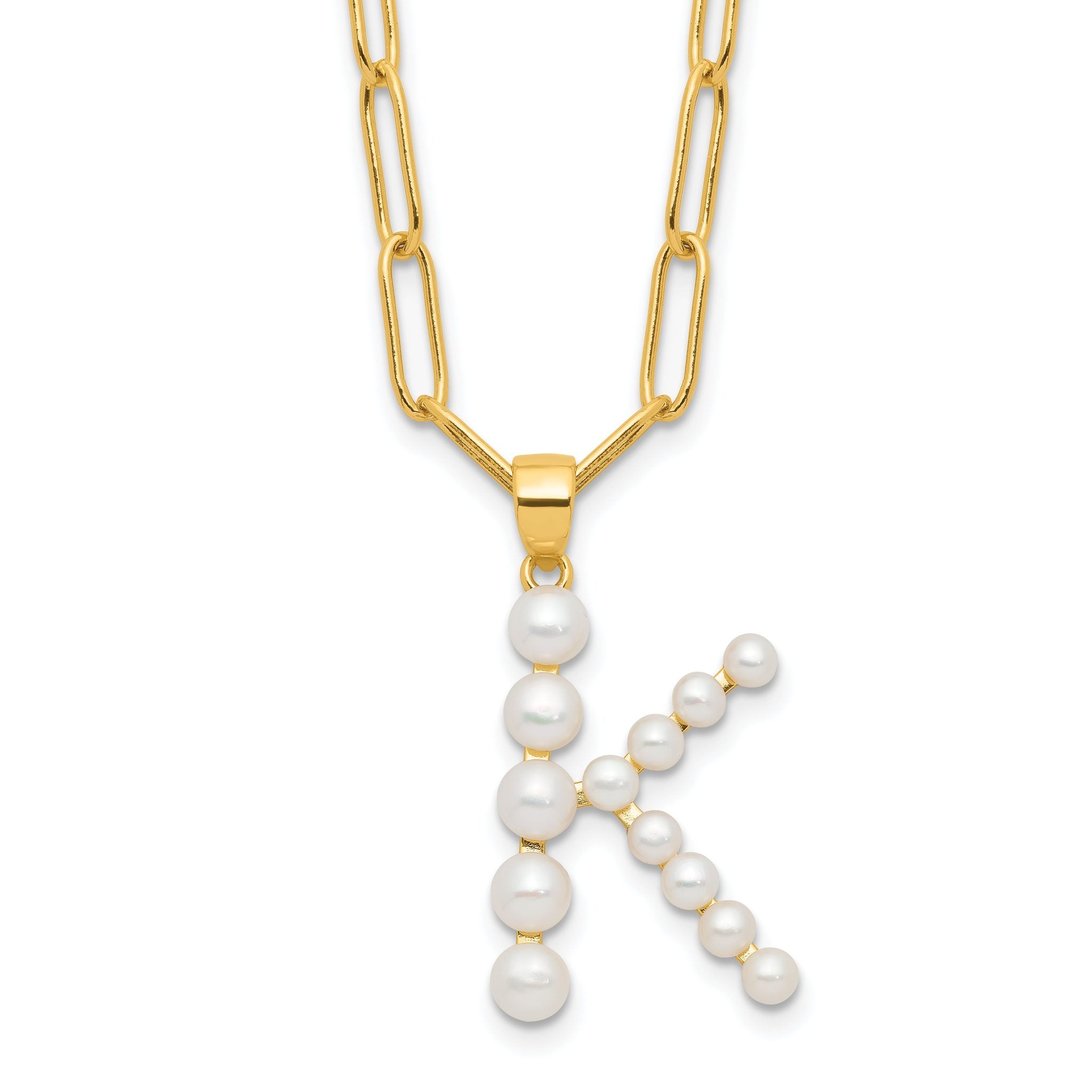 Sterling Silver Gold-plated 3-5.5mm White Button Freshwater Cultured Pearl LETTER K 18 inch Necklace Main image