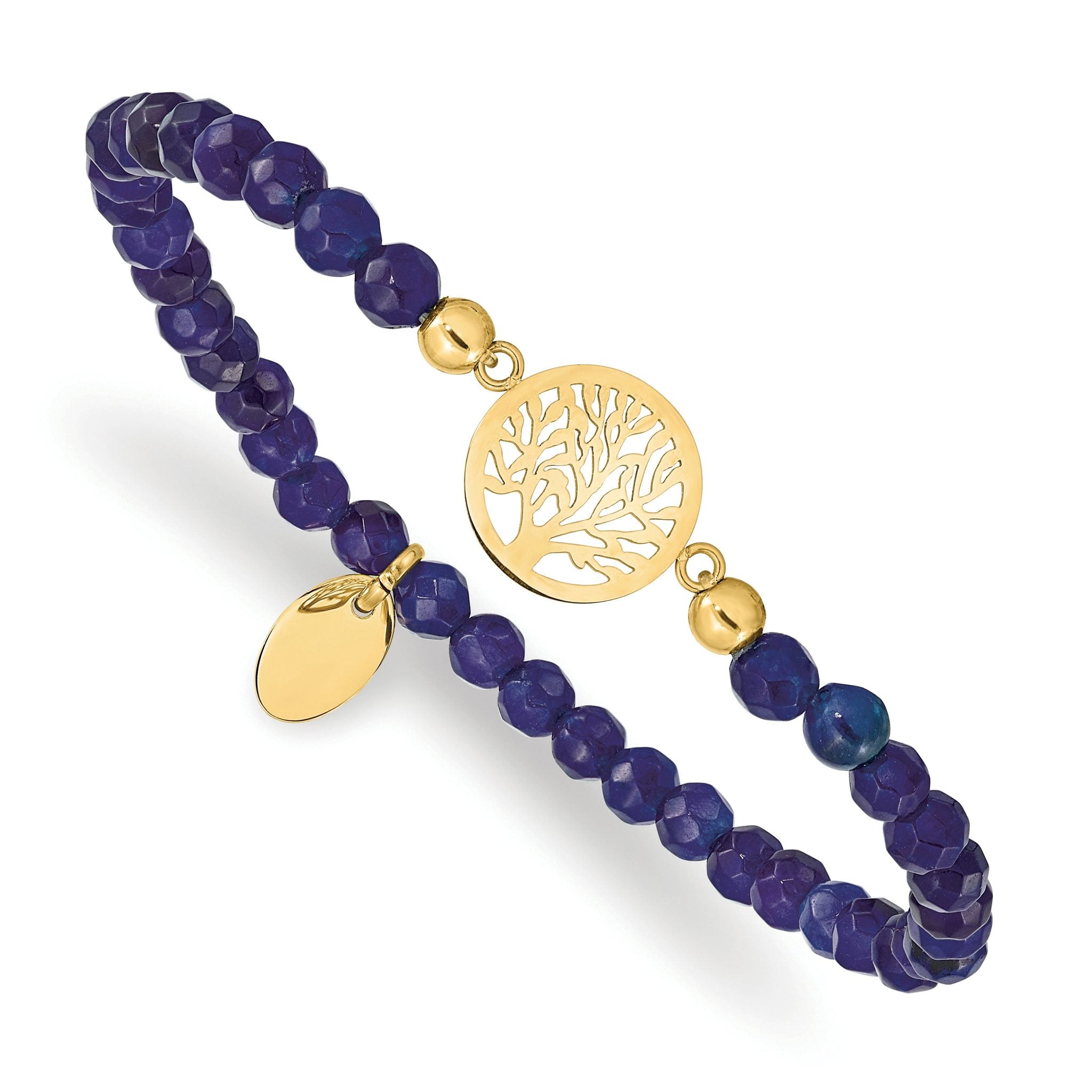 Stainless Steel Polished Yellow IP-plated Tree of Life 4mm Blue Jade Beaded Stretch Bracelet for Women