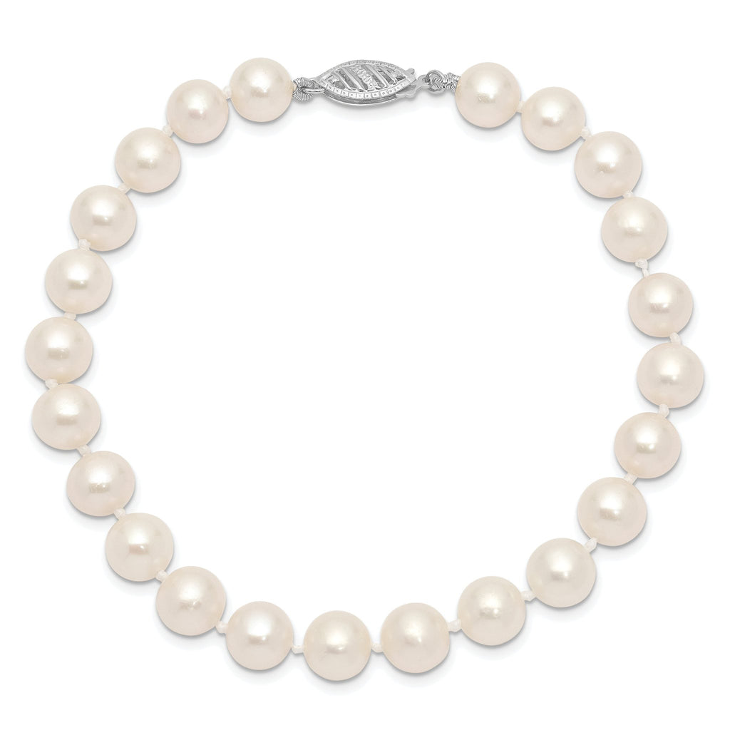 14k White Gold 7-8mm White Near Round Freshwater Cultured Pearl 7.5 inch Bracelet