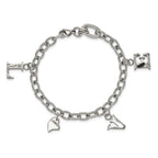 Stainless Steel Polished and Textured Love Charm Bracelet for Women