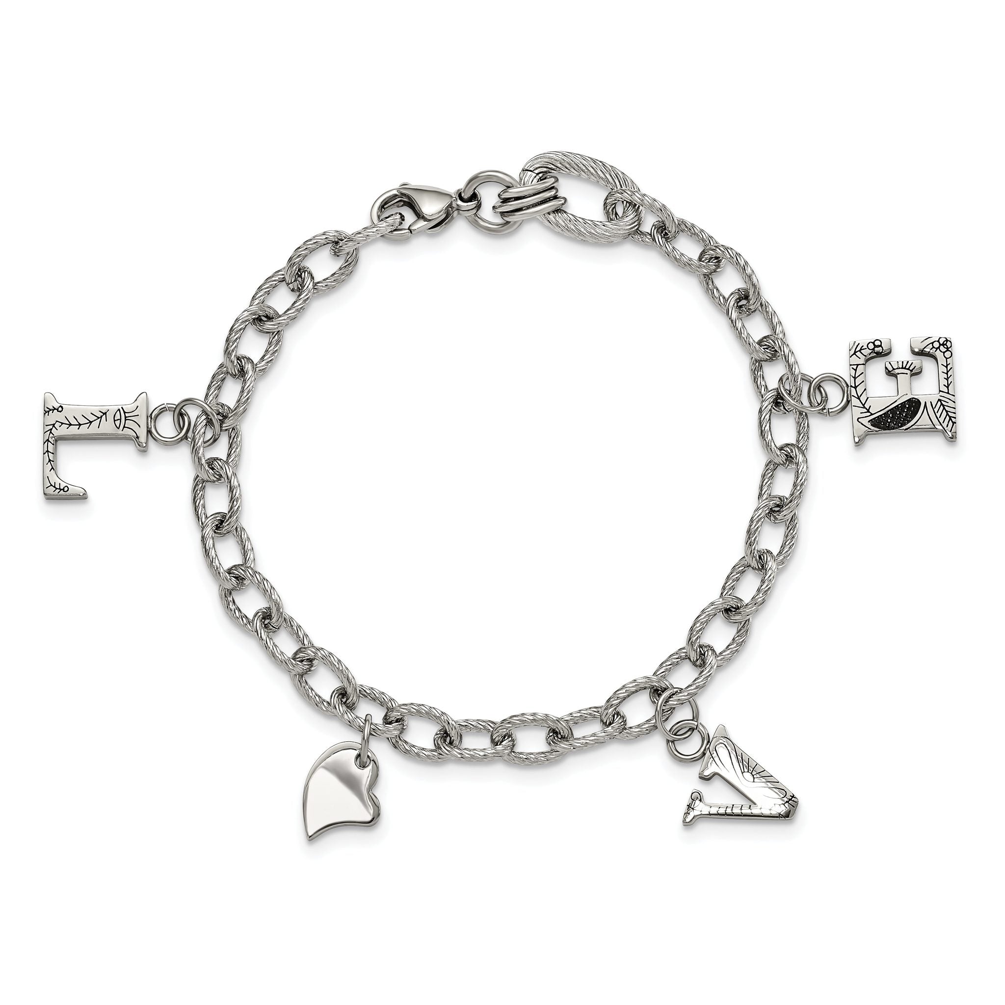 Stainless Steel Polished and Textured Love Charm Bracelet for Women