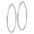 10K White Gold Polished Hoop Earrings with Rhodium Finish 2mm Tube
