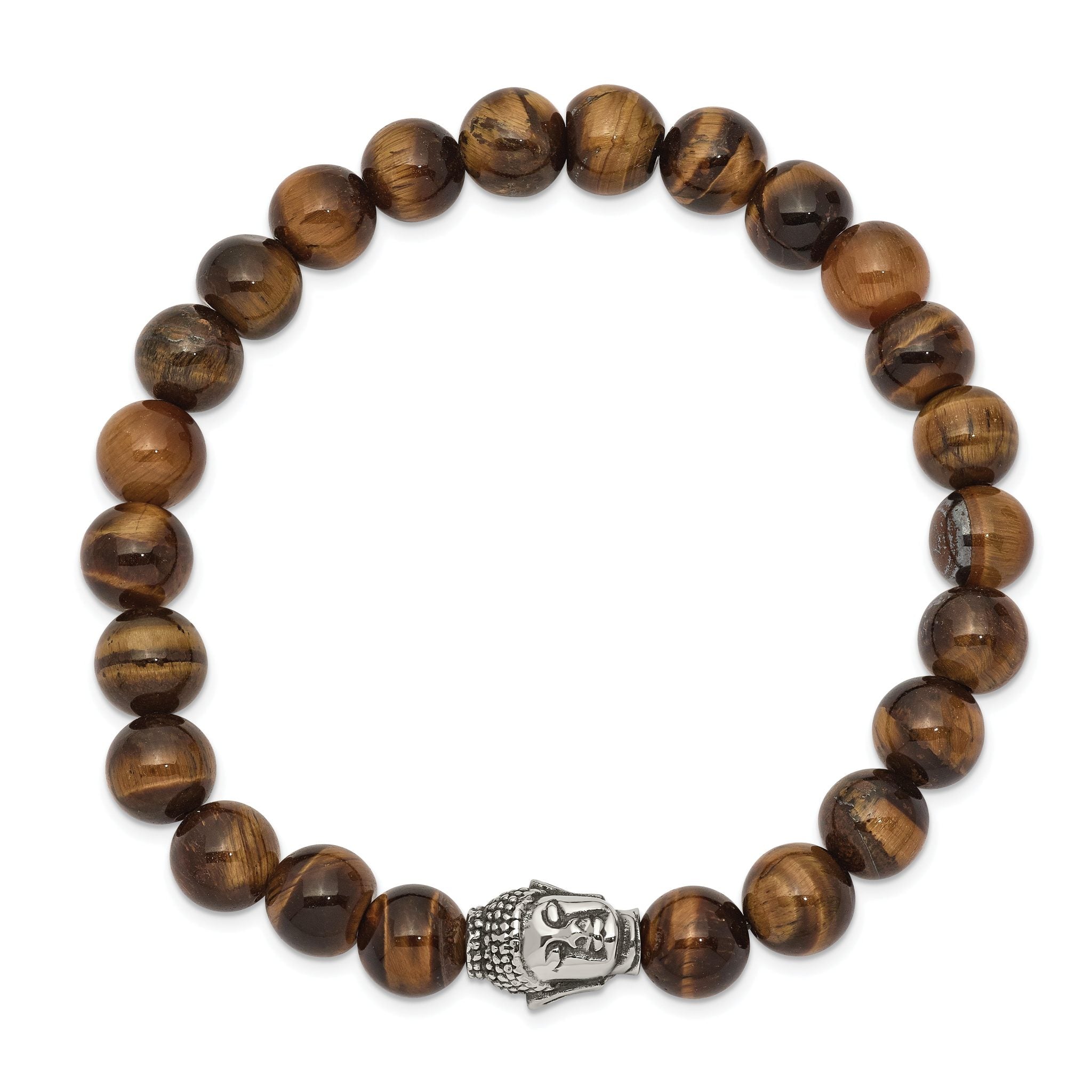 Stainless Steel Antiqued and Polished Buddha 8mm Tiger's Eye Beaded Stretch Bracelet for Men Secondary image