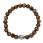Stainless Steel Antiqued and Polished Buddha 8mm Tiger's Eye Beaded Stretch Bracelet for Men