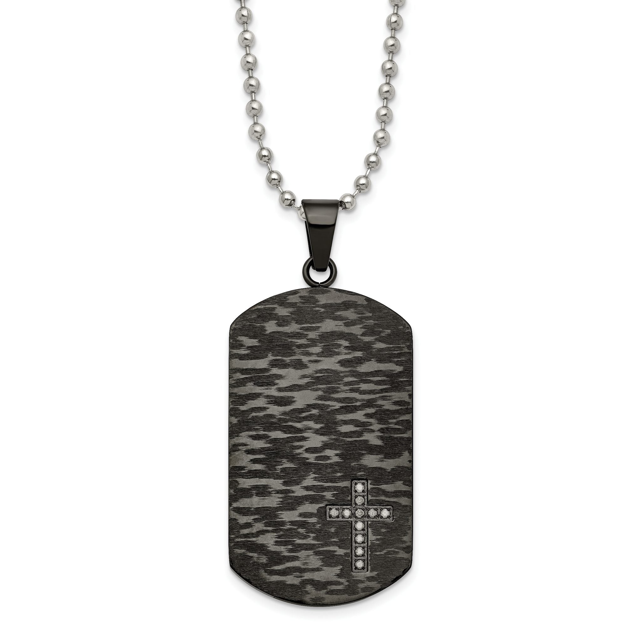 Chisel Stainless Steel Brushed and Polished Black IP-plated 1/10 Carat Diamond Cross Dog Tag on a 24 inch Ball Chain Necklace Main image