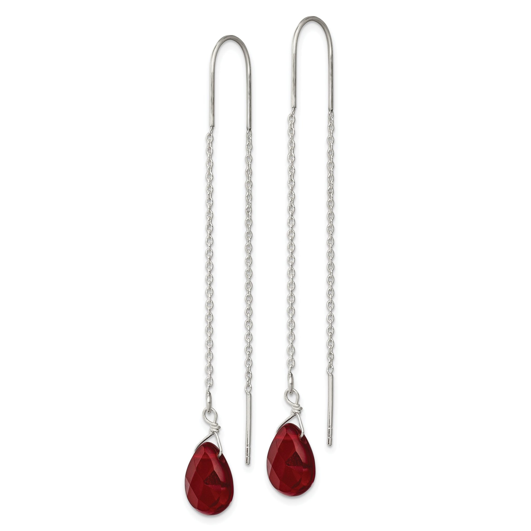 Sterling Silver Polished Faceted Red Crystal Teardrop Threader Earrings Secondary image