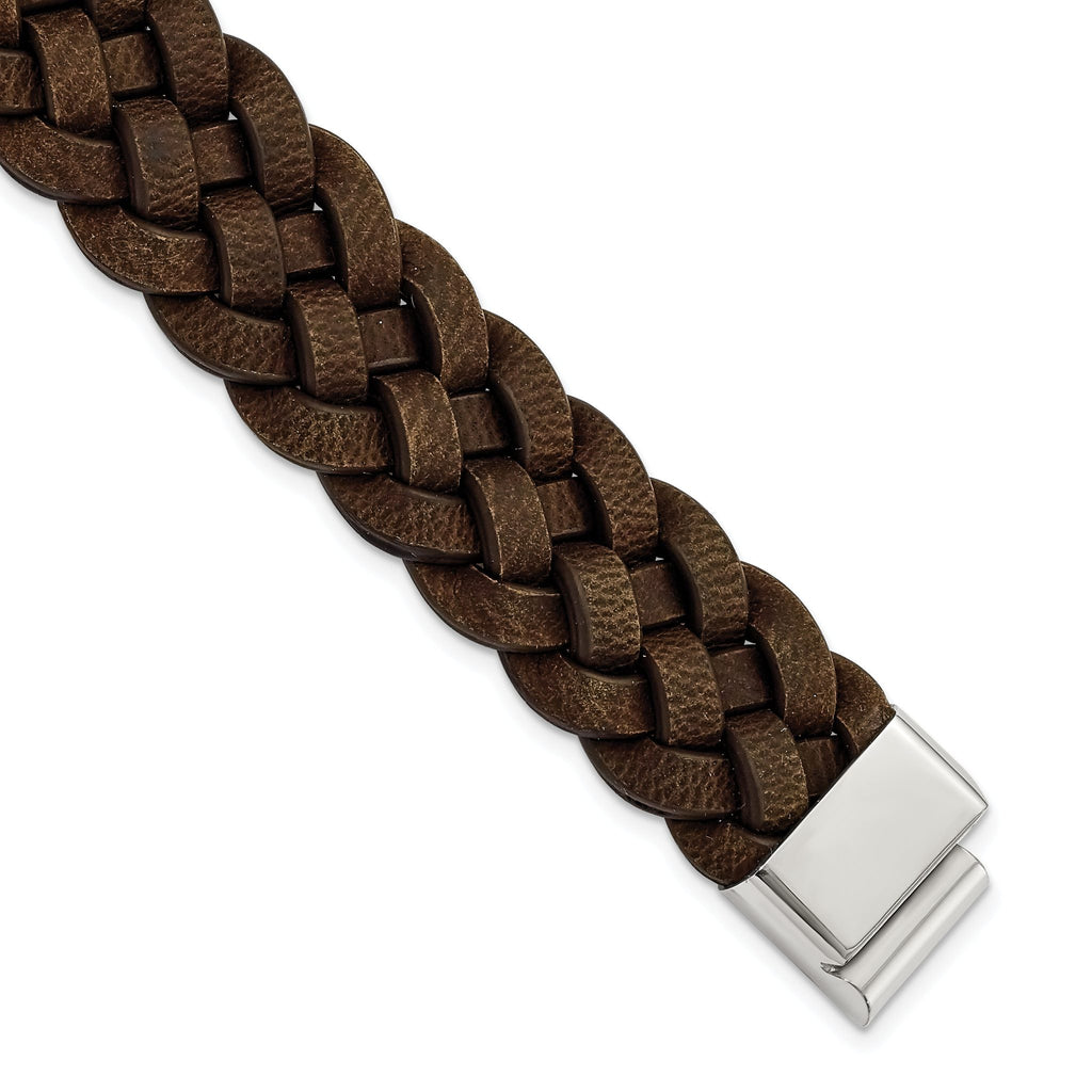 Stainless Steel Polished Brown Braided Leather Bracelet for Men