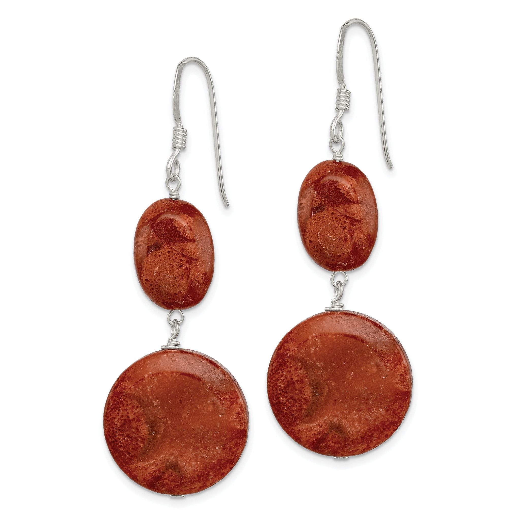 Sterling Silver Polished Round & Oval Recon. Red Coral Dangle Earrings Secondary image