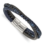 Stainless Steel Polished Multi Strand Blue Chalcedony and Tiger's Eye Beaded Black and Blue Leather Bracelet for Men