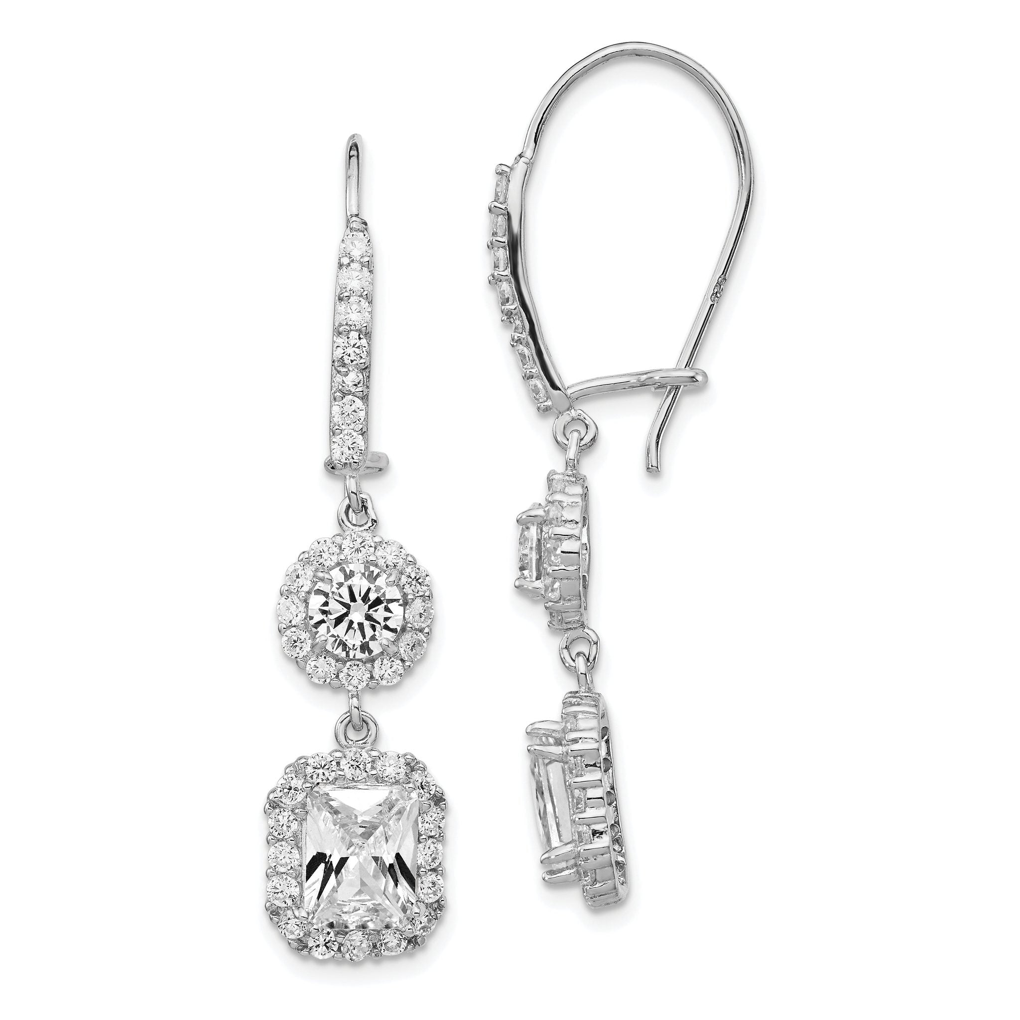 Cheryl M Sterling Silver Rhodium-plated Elongated Cushion-cut and Brilliant-cut CZ Halo Kidney Wire Dangle Earrings Main image