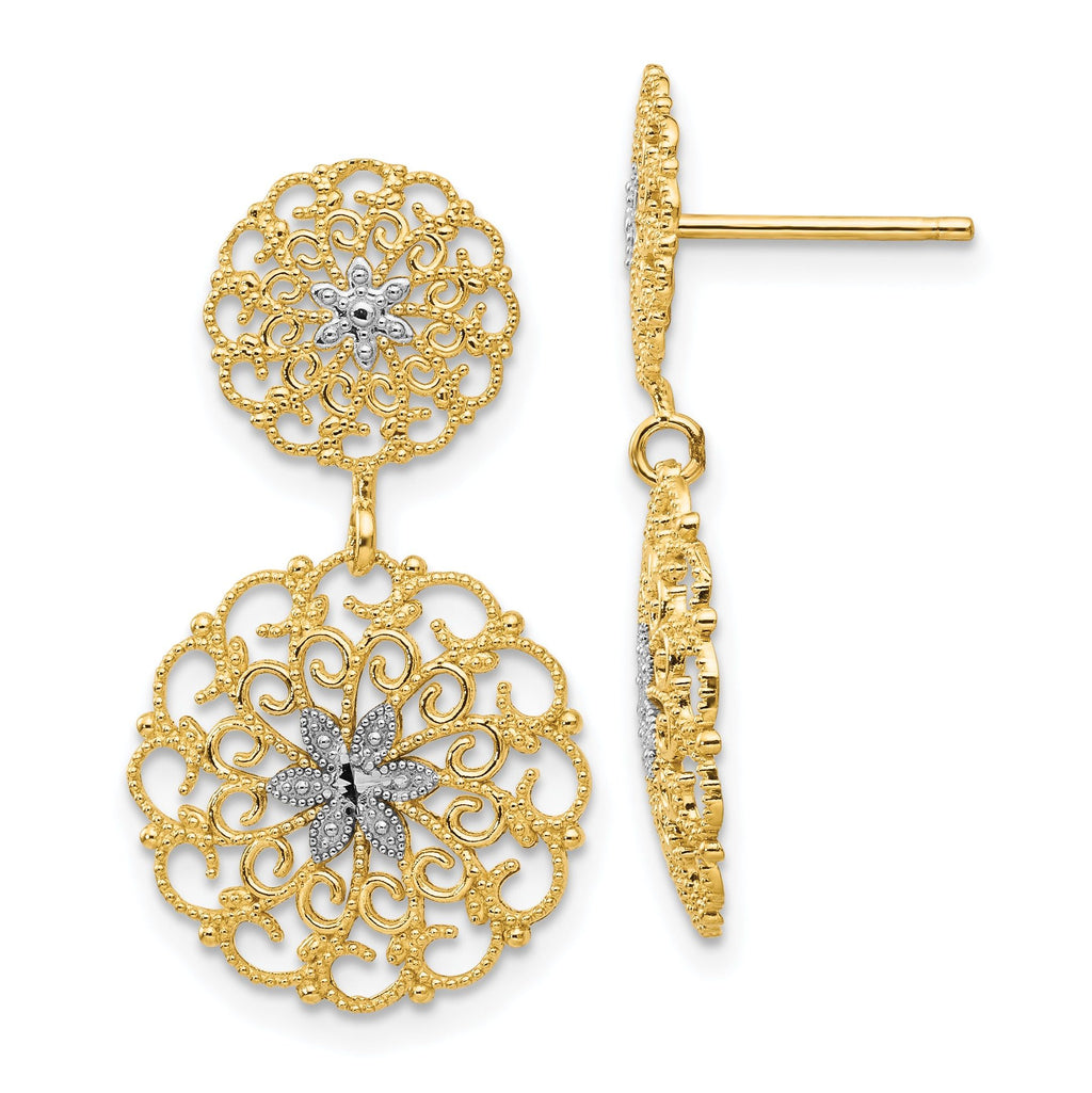 14K Gold & Rhodium Filigree Medallion Drop Earrings  Polished, Diamond-Cut Design