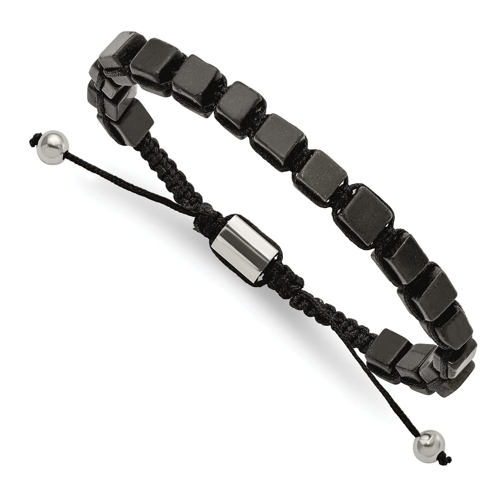 Stainless Steel Polished with Black Agate Black Macrame Adjustable Bracelet
