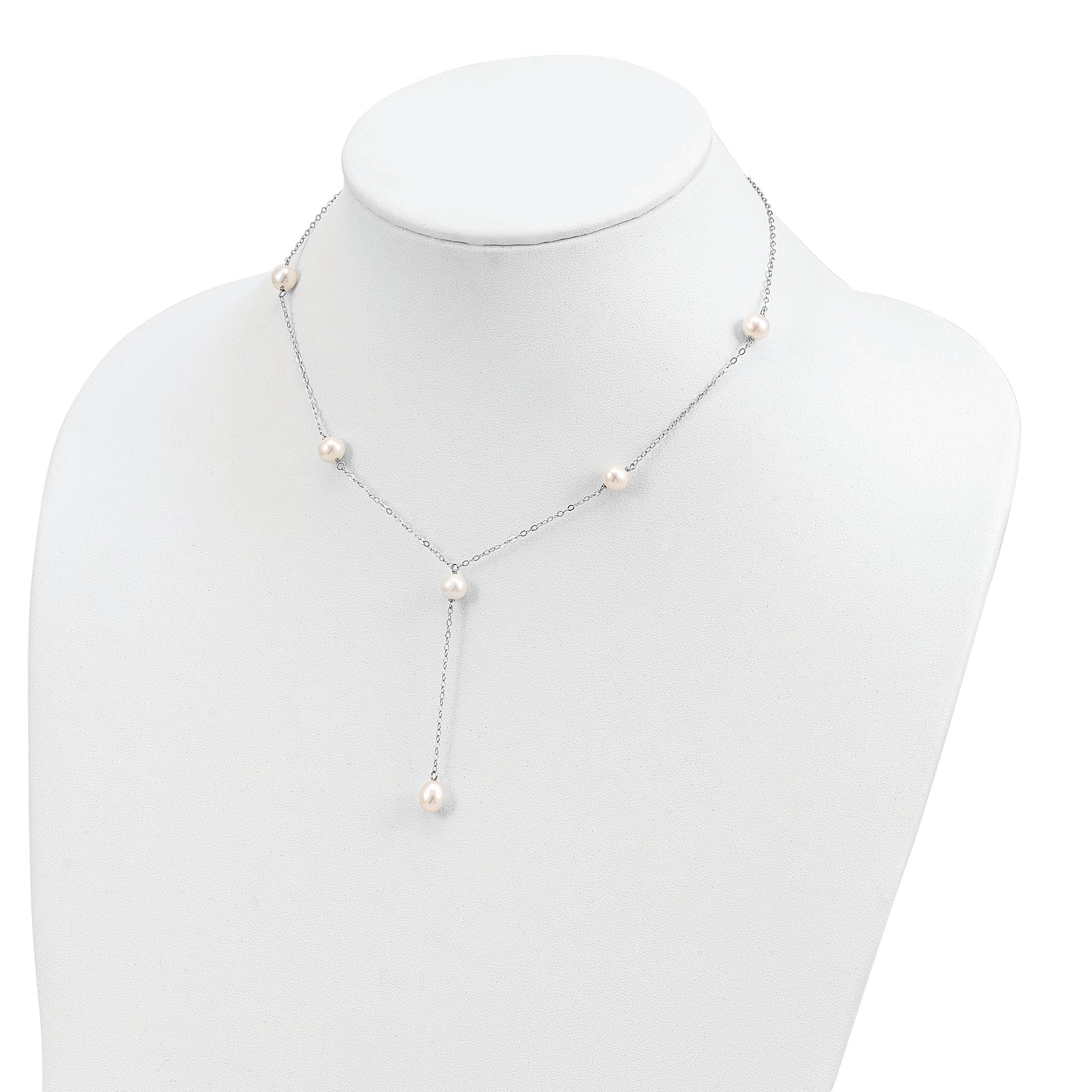 Sterling Silver Rhodium-plated 6-8mm White Teardrop and Semi-Round Freshwater Cultured Pearl 6-Station Y-Drop 16 inch Necklace