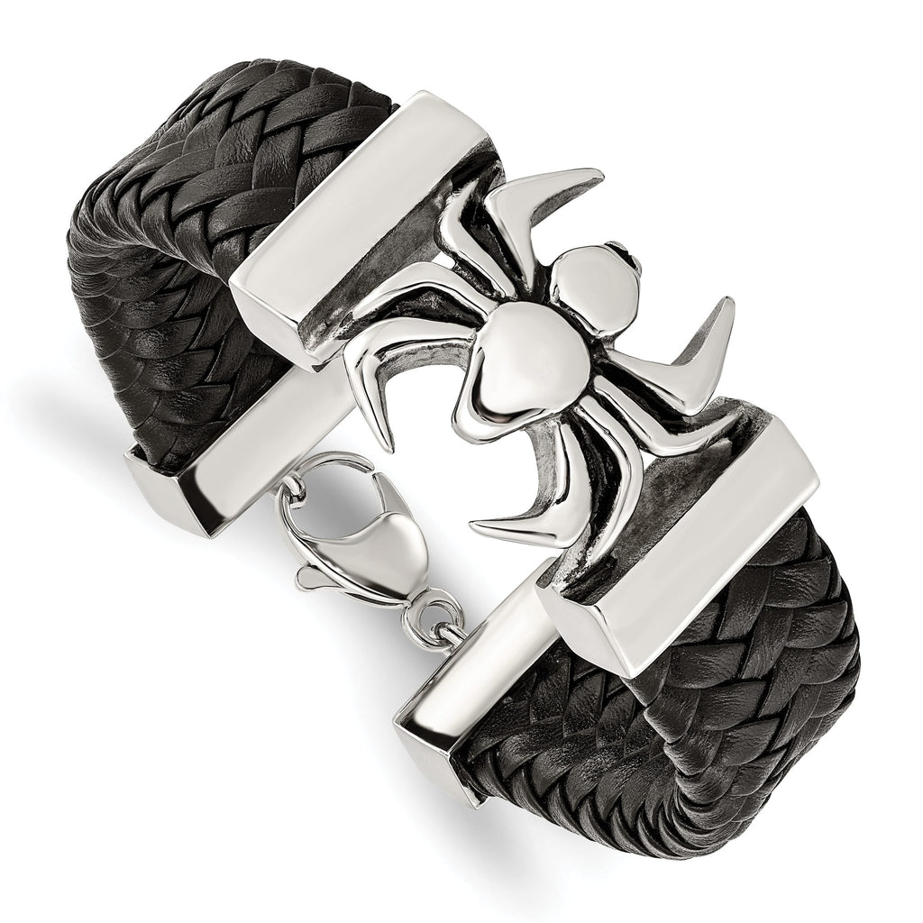 Stainless Steel Antiqued and Polished Spider Black Braided Leather Bracelet for Men