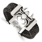 Stainless Steel Antiqued and Polished Spider Black Braided Leather Bracelet for Men