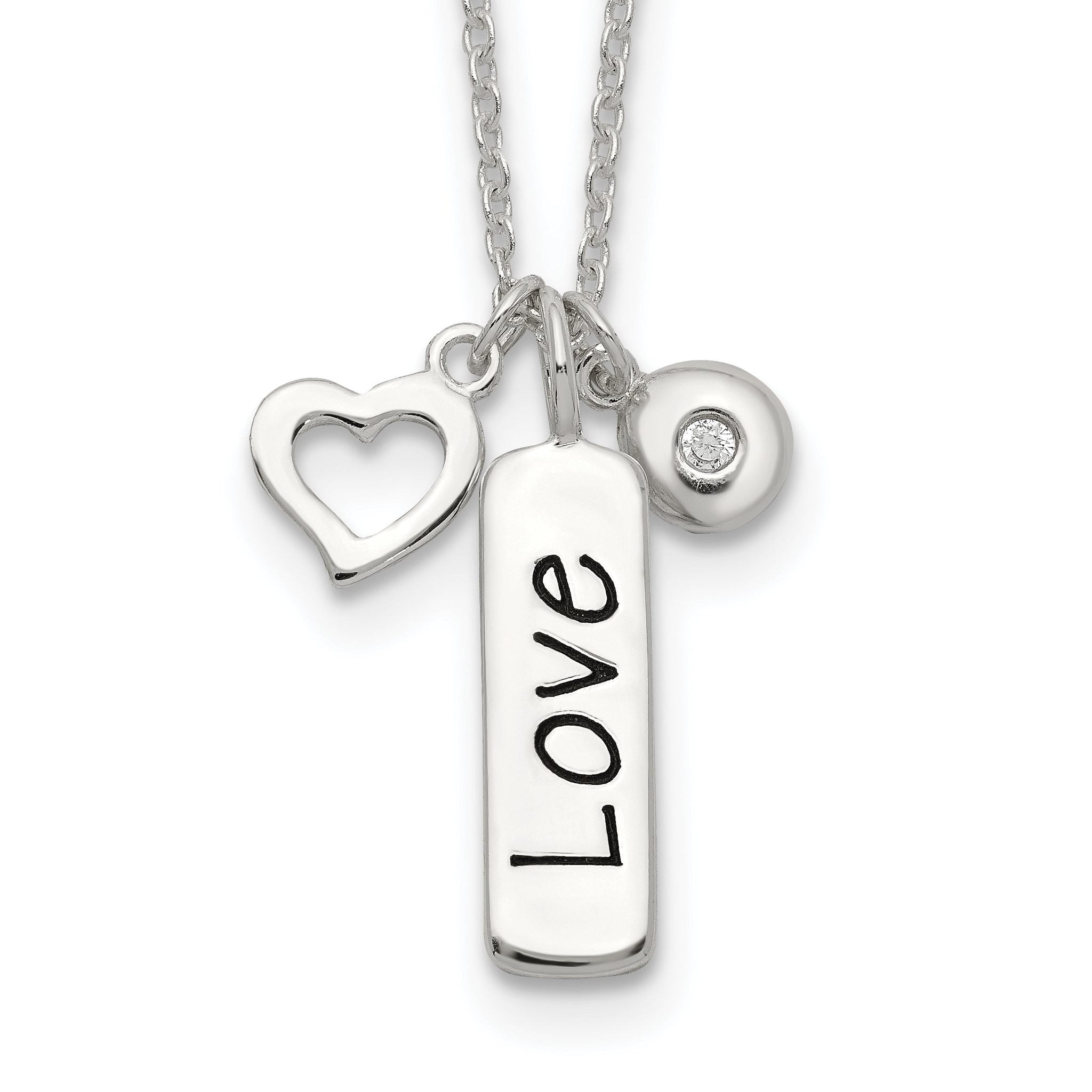 Sterling Silver Antiqued/Polished CZ LOVE Heart With 1in ext Necklace Main image