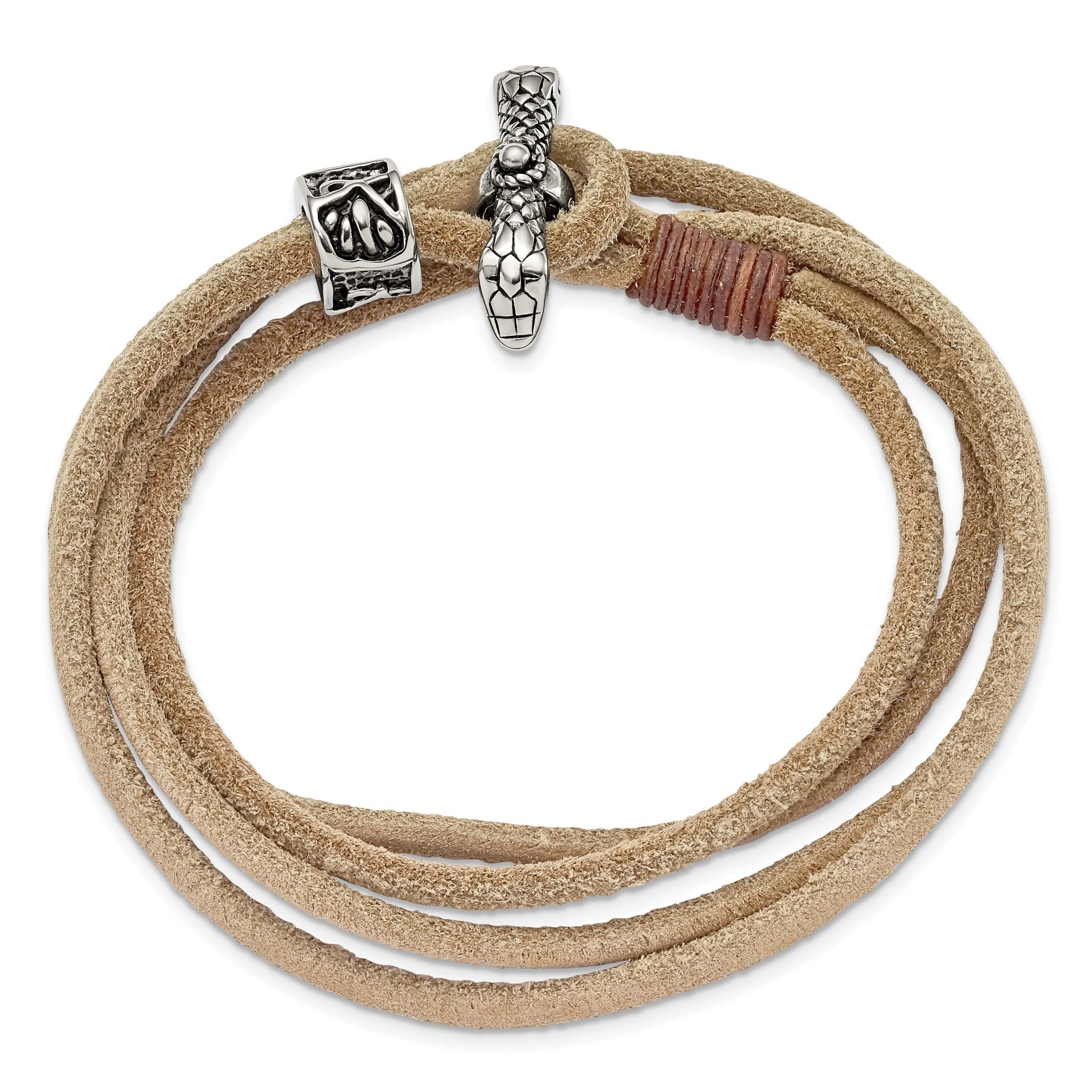 Stainless Steel Antiqued and Polished Snake Heads Tan Leather Wrap Bracelet