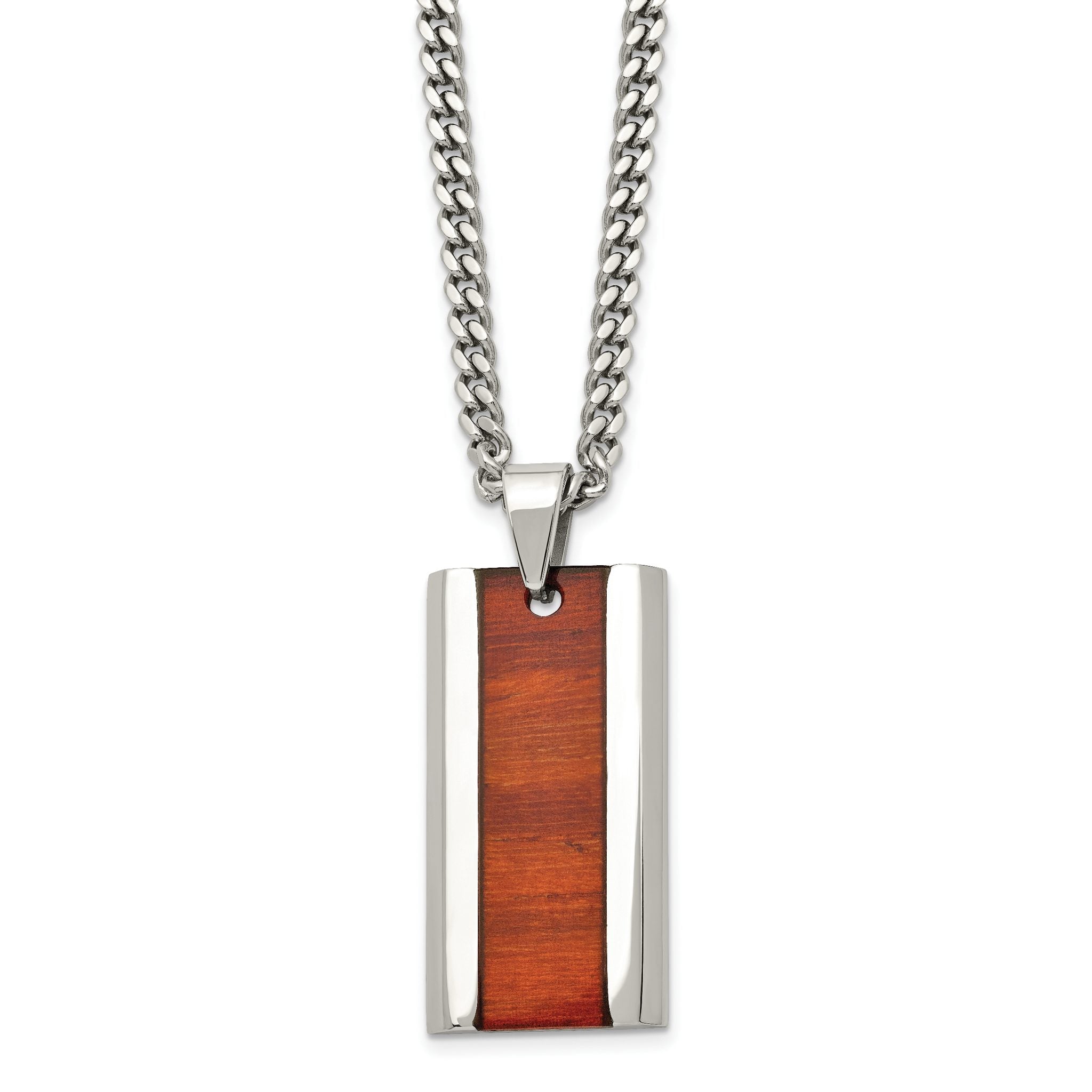 Chisel Stainless Steel Polished Red Koa Wood Inlay Enameled Pendant on a 20 inch Curb Chain Necklace Main image