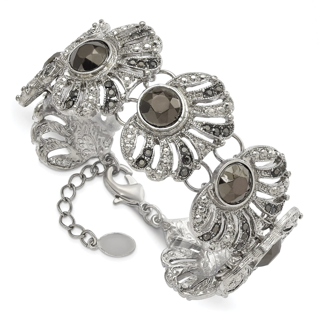 1928 Jewelry Silver-tone Filigree Fan Pattern Hematite Crystal and Jet Black Acrylic Faceted Stone Two-tone Design Vintage Style Adjustable 7.5 inch Bracelet with 3 inch extension