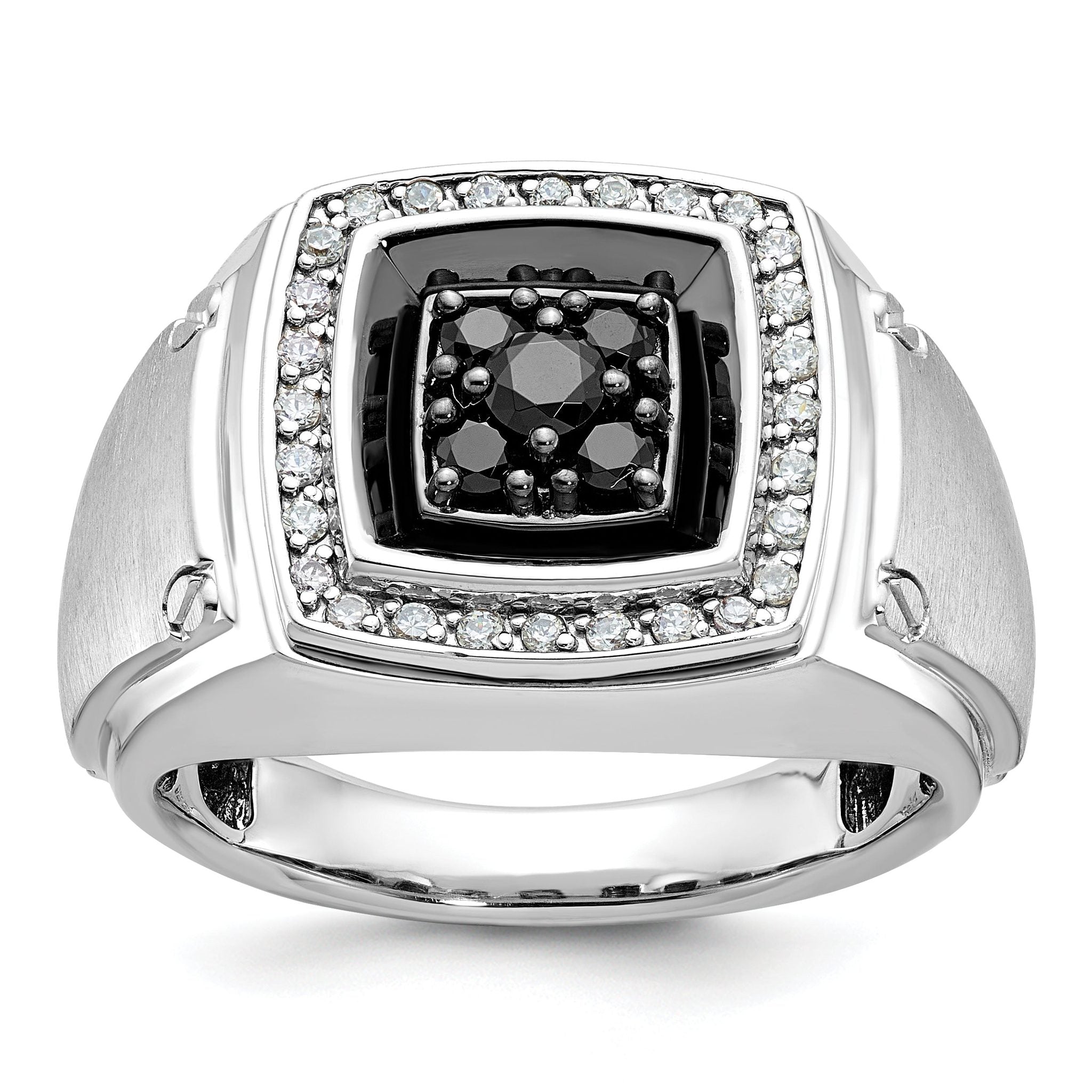 14k White Gold with Black Rhodium Men's Polished and Satin 5/8 Carat Black and White Diamond Ring