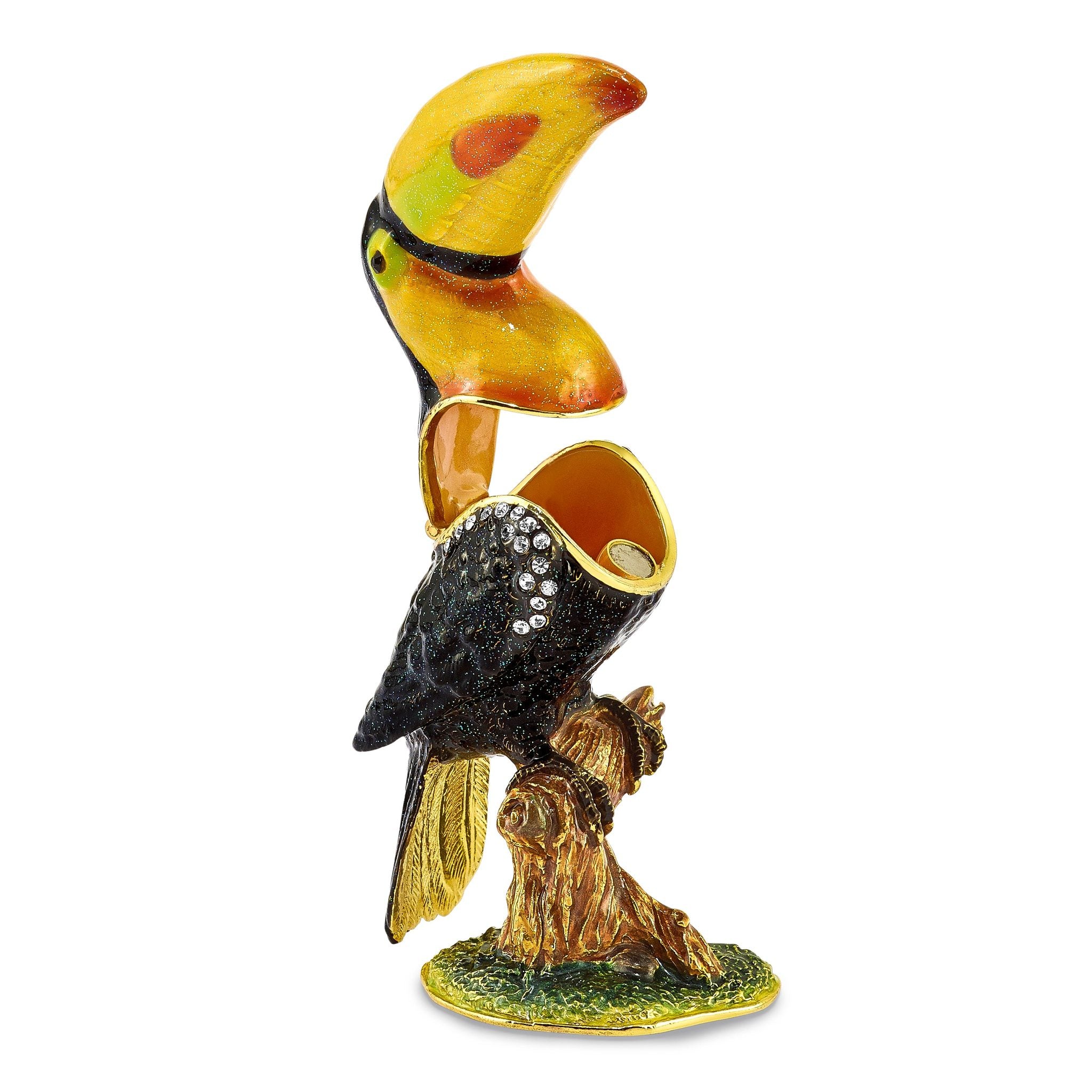 Luxury Giftware Pewter Bejeweled Crystals Gold-tone Enameled TANGO Toucan Trinket Box with Matching 18 Inch Necklace