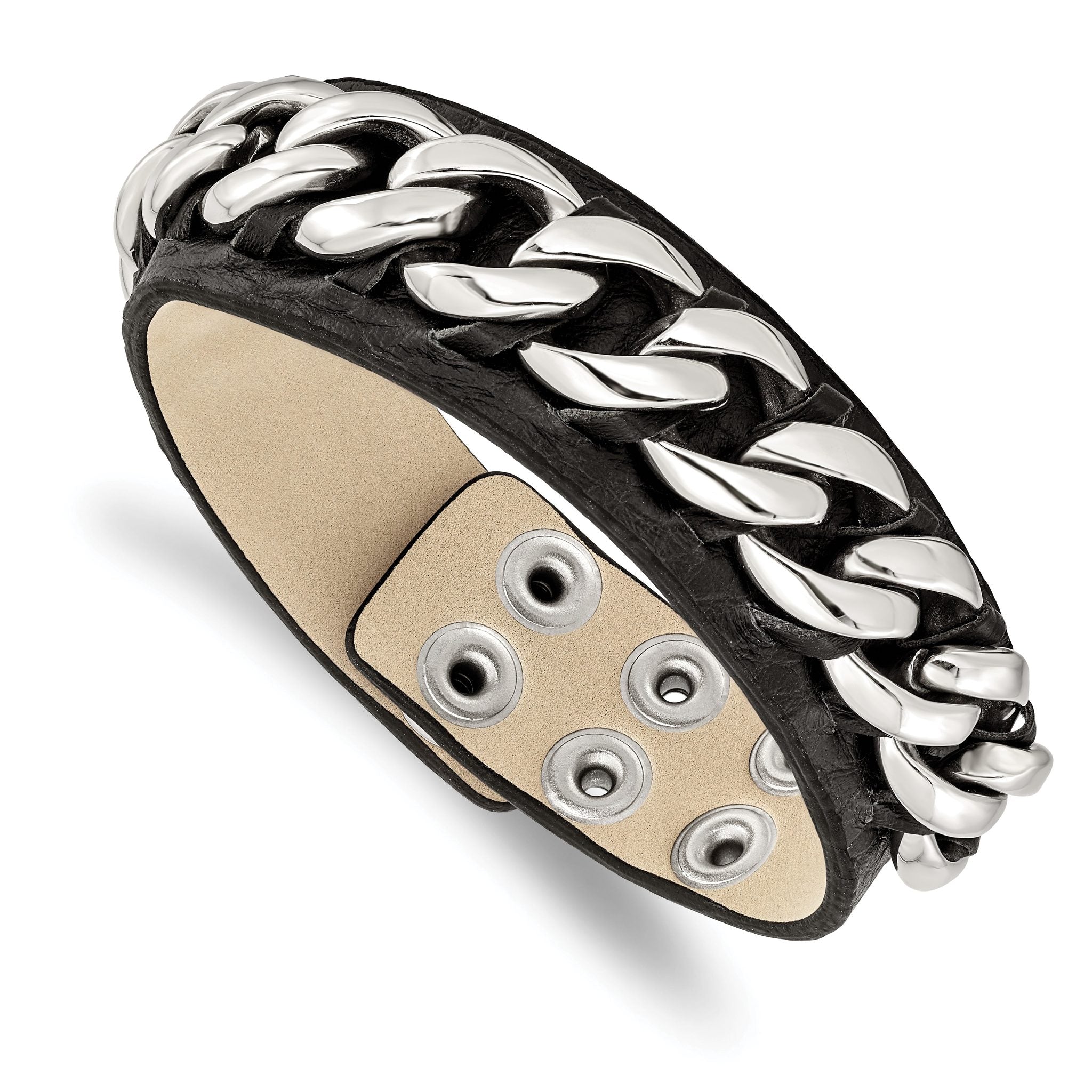 Stainless Steel Black Leather with Chain Bracelet for Men Main image