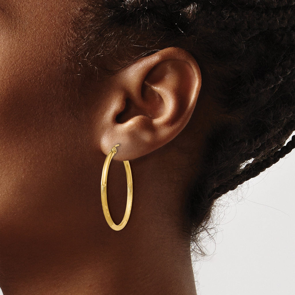 14k Satin and D/C 2mm Round Tube Hoop Earrings