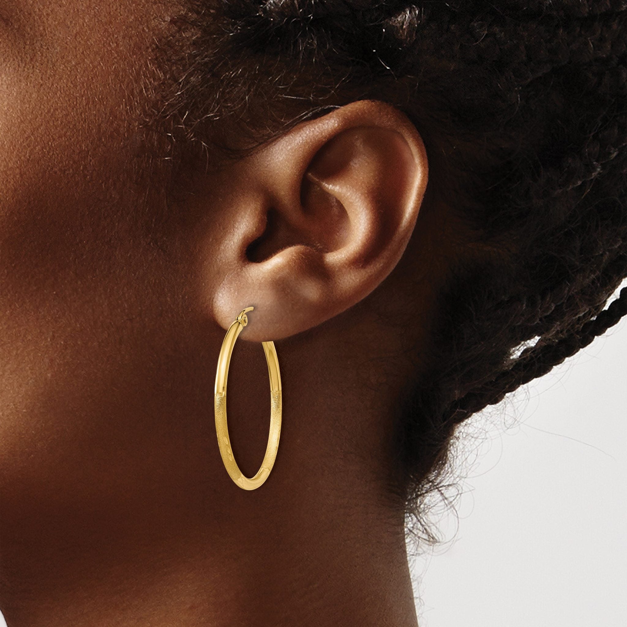 14k Satin and D/C 2mm Round Tube Hoop Earrings