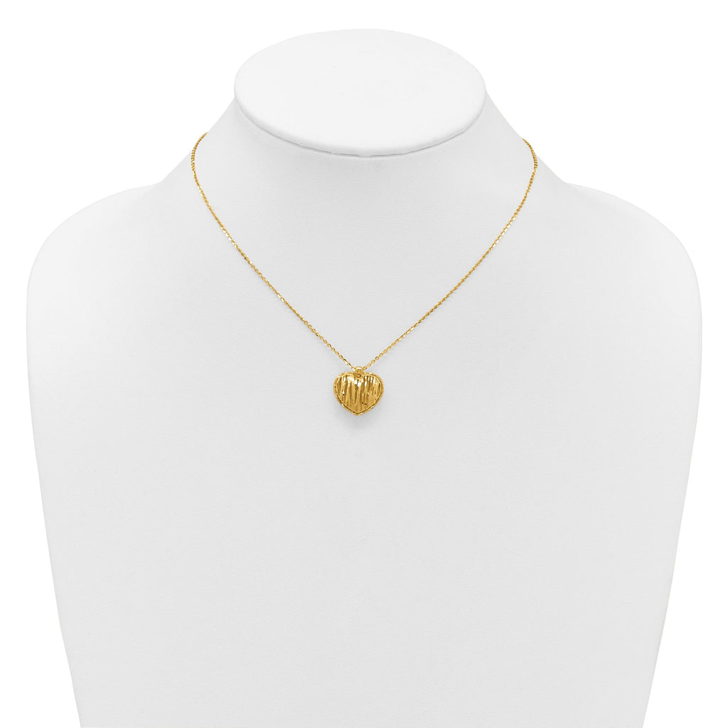 14K Polished / Dia-cut Puffed Heart w/2in ext. Necklace