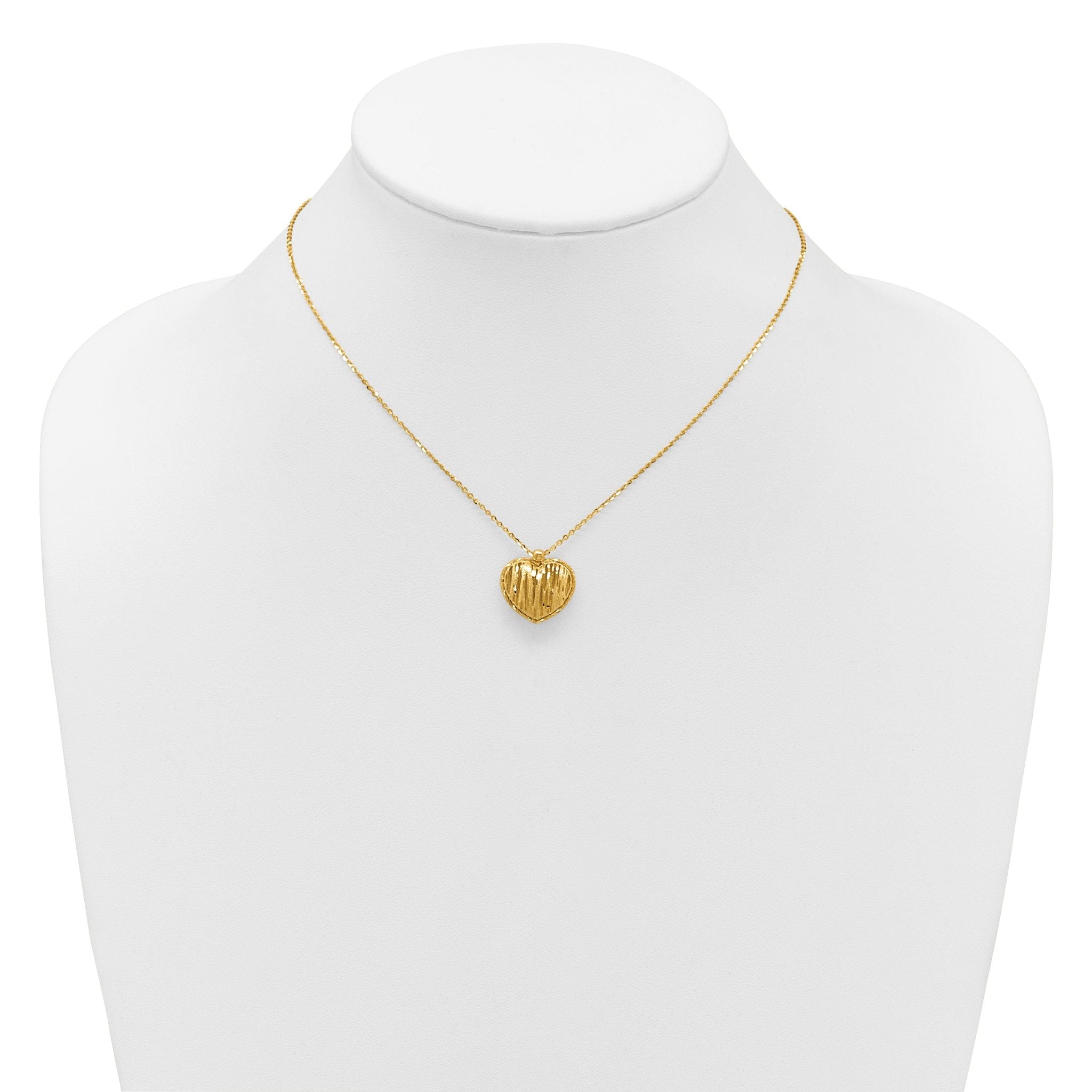 14K Polished / Dia-cut Puffed Heart w/2in ext. Necklace