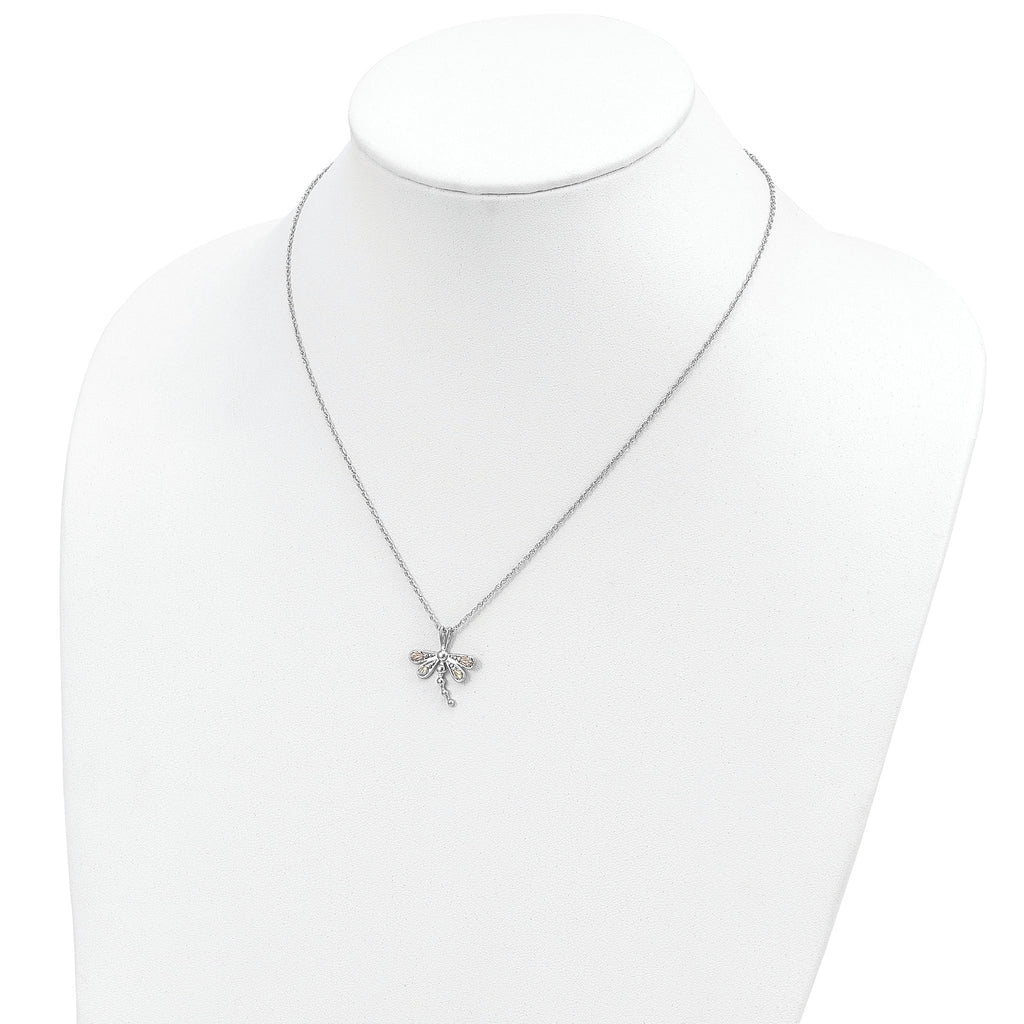 Sterling Silver Dragonfly Necklace with 12K Rose Gold Accents Elegant 18 Design
