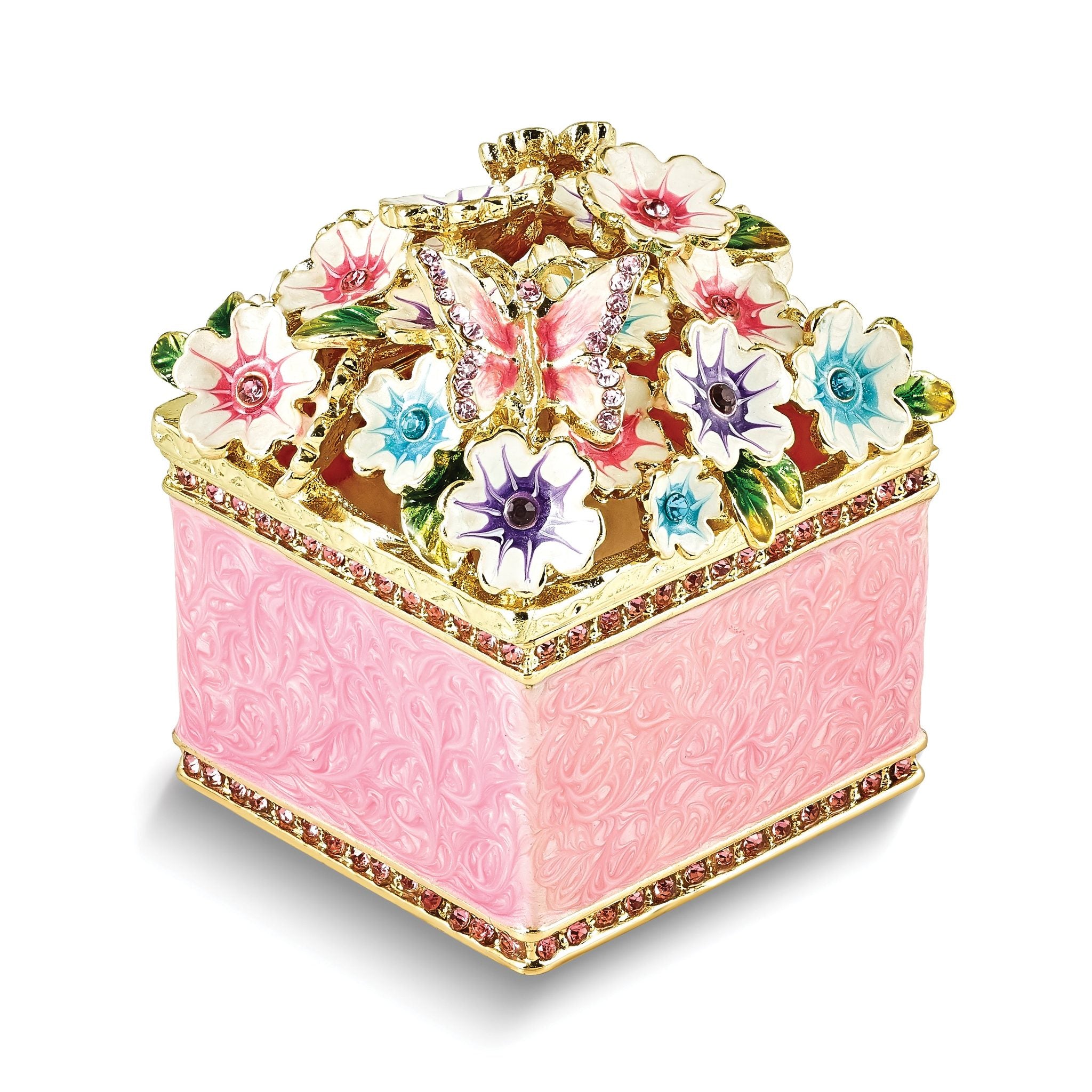 Luxury Giftware by Jere Pewter Bejeweled Crystals Gold-tone Enameled HELLO SPRING Flowers and Butterfly Ring Holder Trinket Box with Matching 18 Inch Necklace