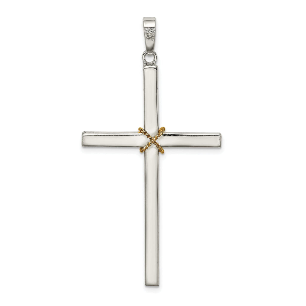 Sterling Silver 925 Hollow Crucifix Pendant with Gold-Plated Rope Trim