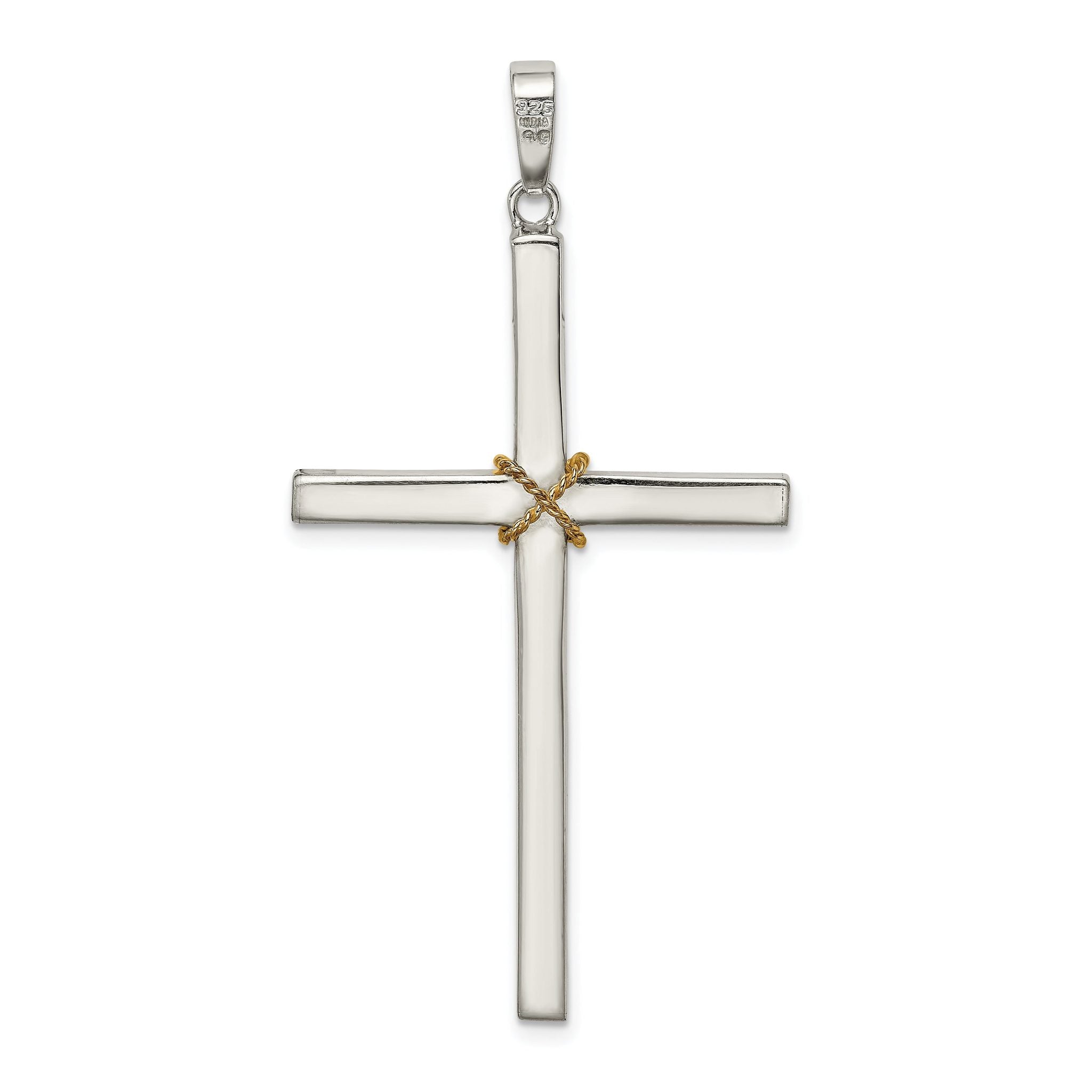 Sterling Silver 925 Hollow Crucifix Pendant with Gold-Plated Rope Trim