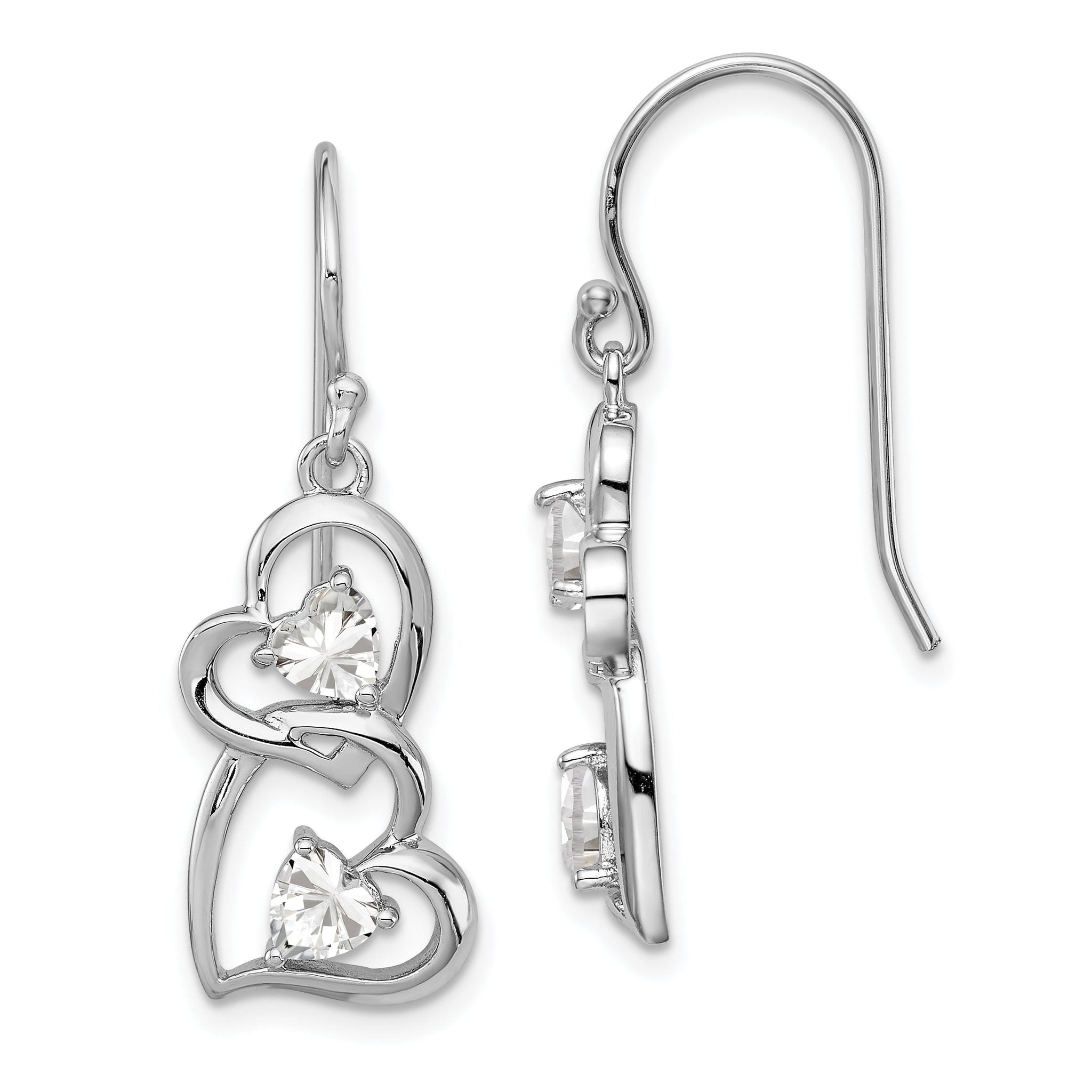 Sterling Silver Rhodium-Plated CZ Heart Dangle Earrings with Polished Finish Main image