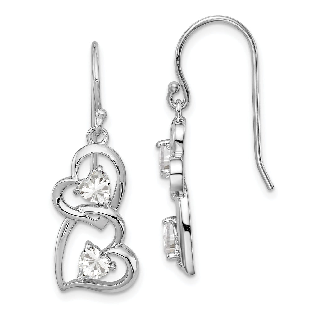 Sterling Silver Rhodium-Plated CZ Heart Dangle Earrings with Polished Finish