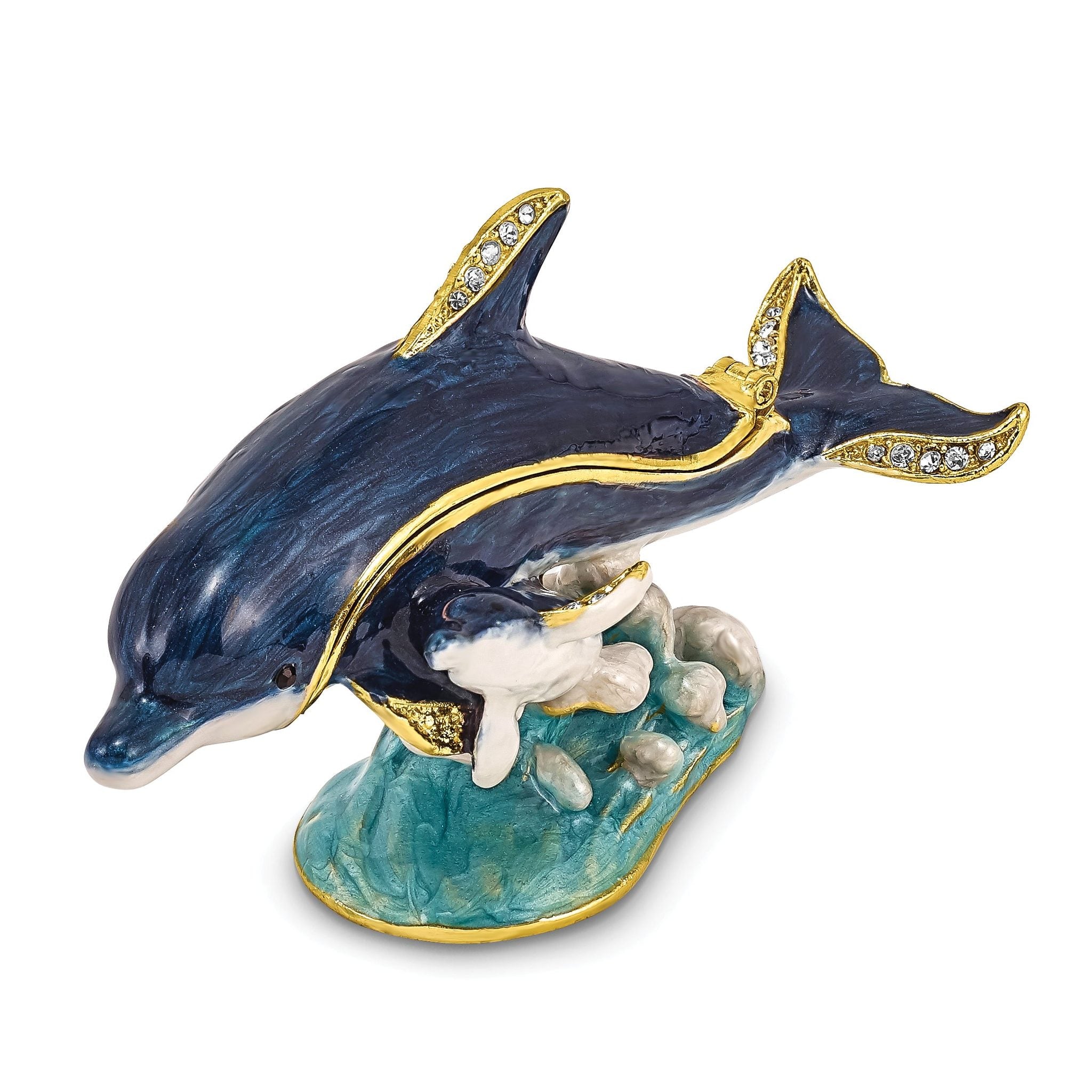 Luxury Giftware by Jere Pewter Bejeweled Crystals Gold-tone Enameled DOLLY & DYLAN Blue Dolphin & Baby Trinket Box with Matching 18 Inch Necklace Main image