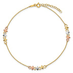 14K Two-tone with White Rhodium 3-Station Flowers 9 inch Plus 1 inch Extender - Total 10 inch Anklet