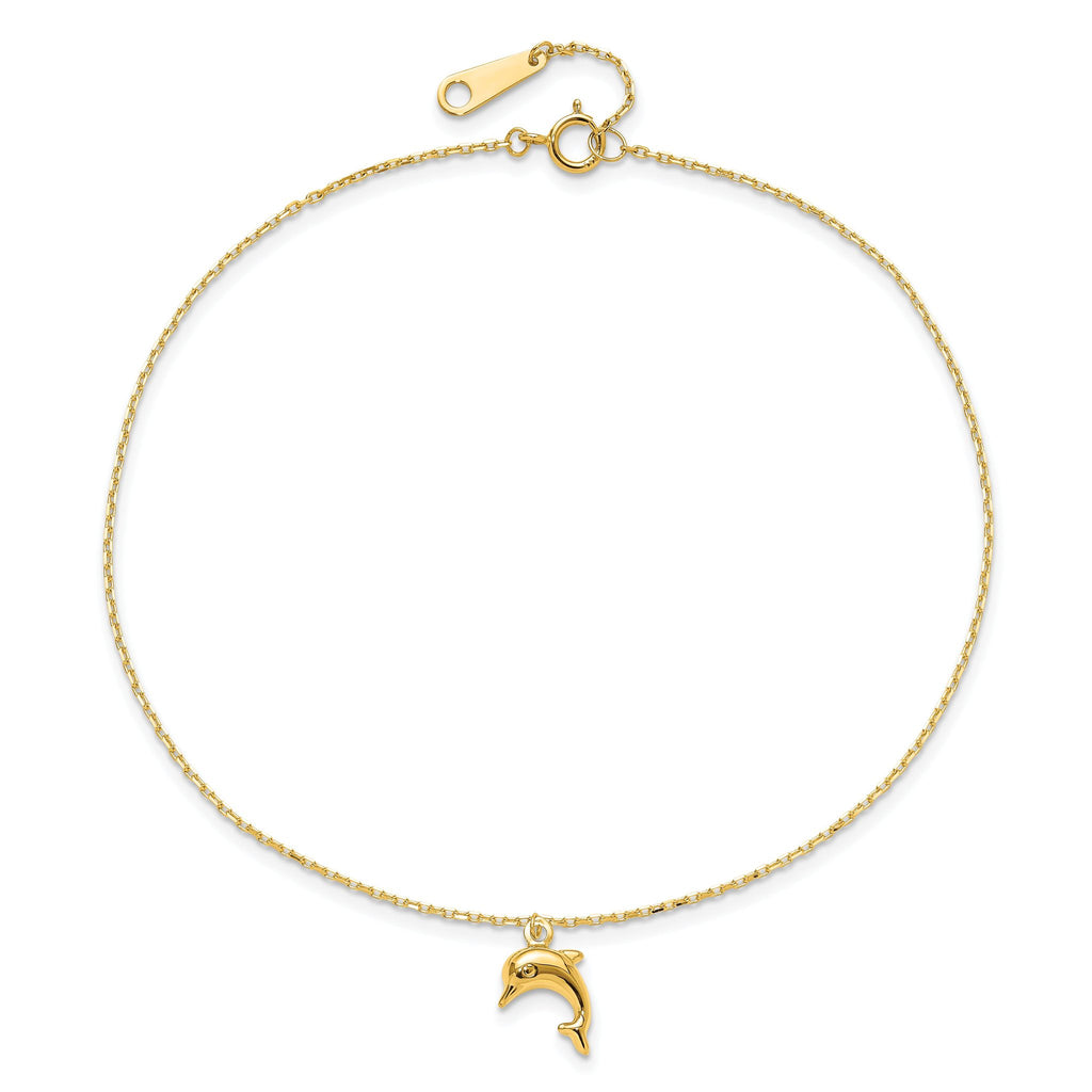 14k Dolphin Charm Dangle 9 inch Plus 1 inch Extender - Total 10 inch Anklet