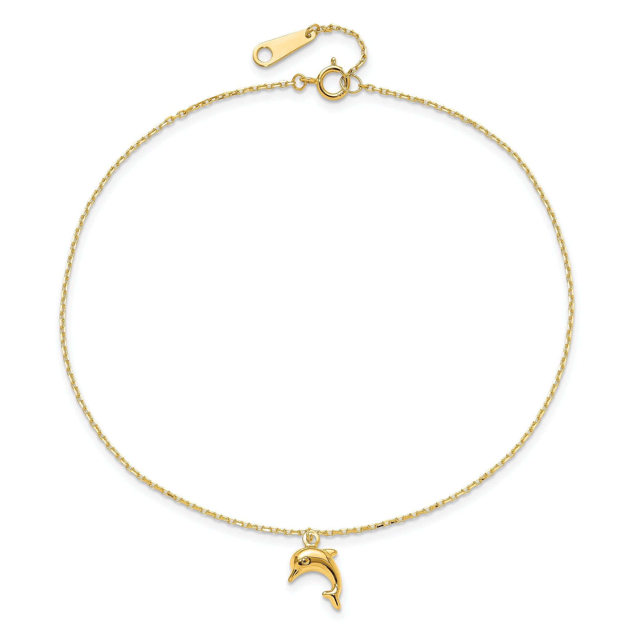 14k Dolphin Charm Dangle 9 inch Plus 1 inch Extender - Total 10 inch Anklet