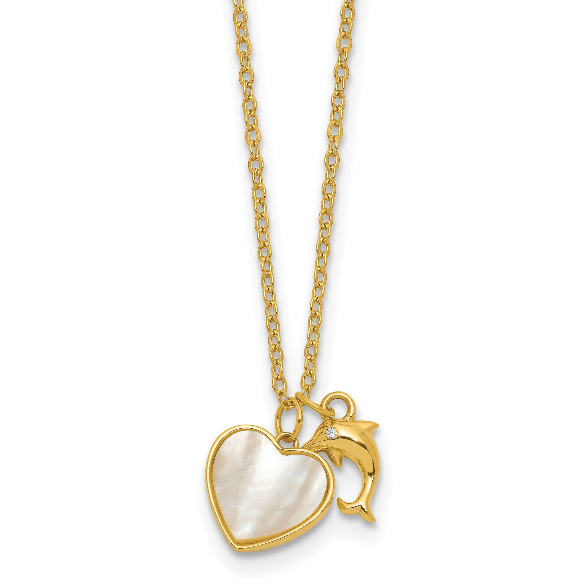 Sterling Silver Gold-tone Polished Mother of Pearl and CZ Heart and Dolphin 16 Inch with 2 Inch Extension Necklace Main image