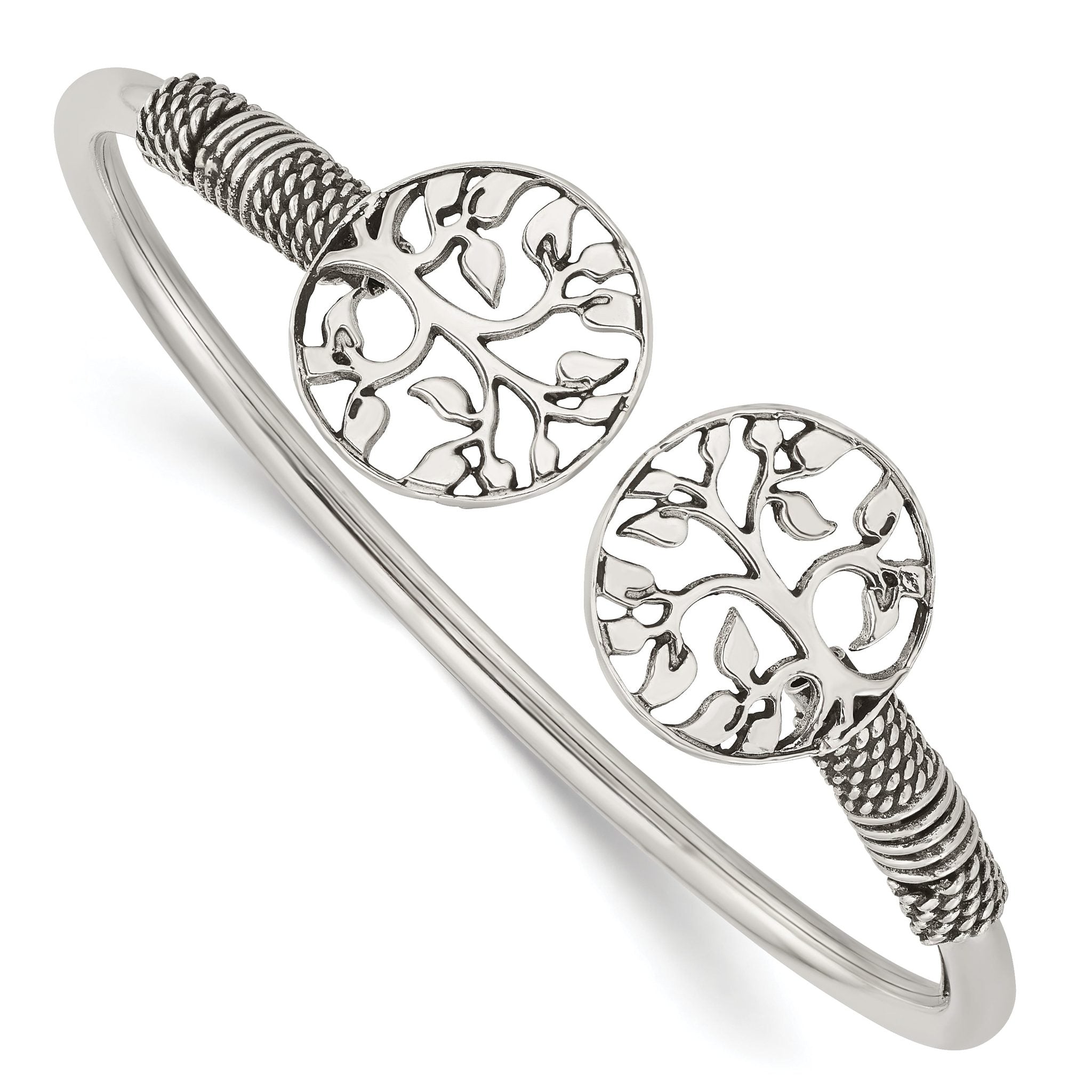 Sterling Silver 925 Flexible Tree Cuff Bracelet with Polished Antiqued Finish