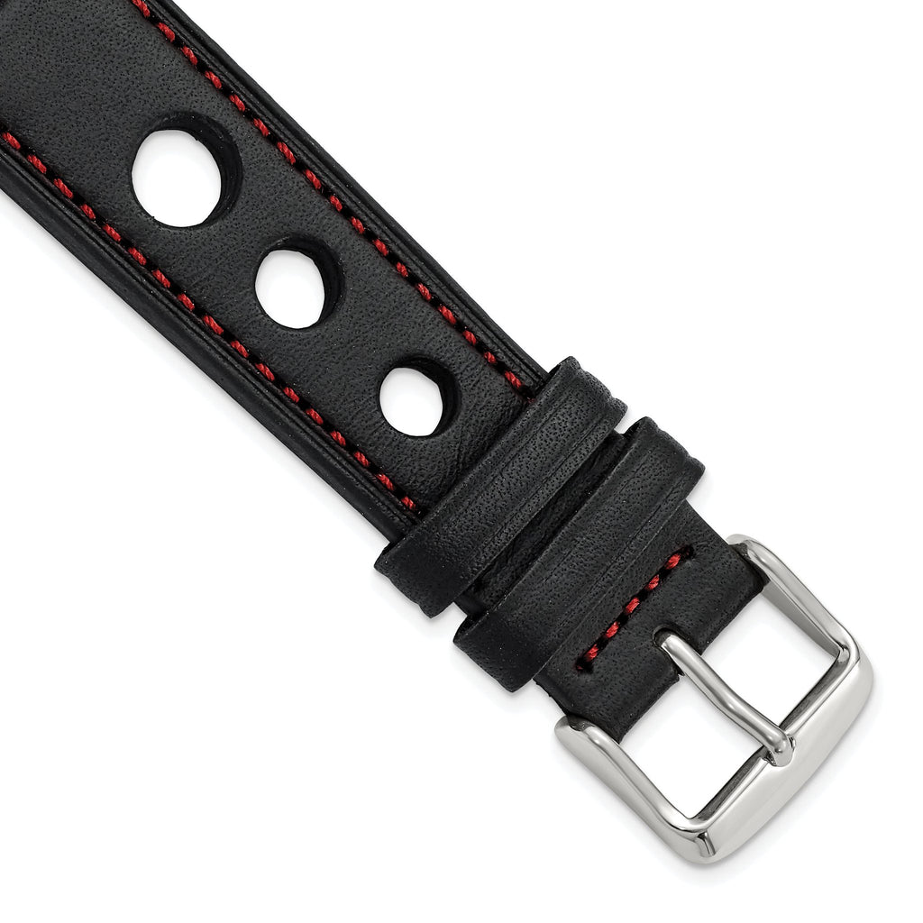 Grand Prix Leather Watch Band in Black with Red Stitching, 20mm