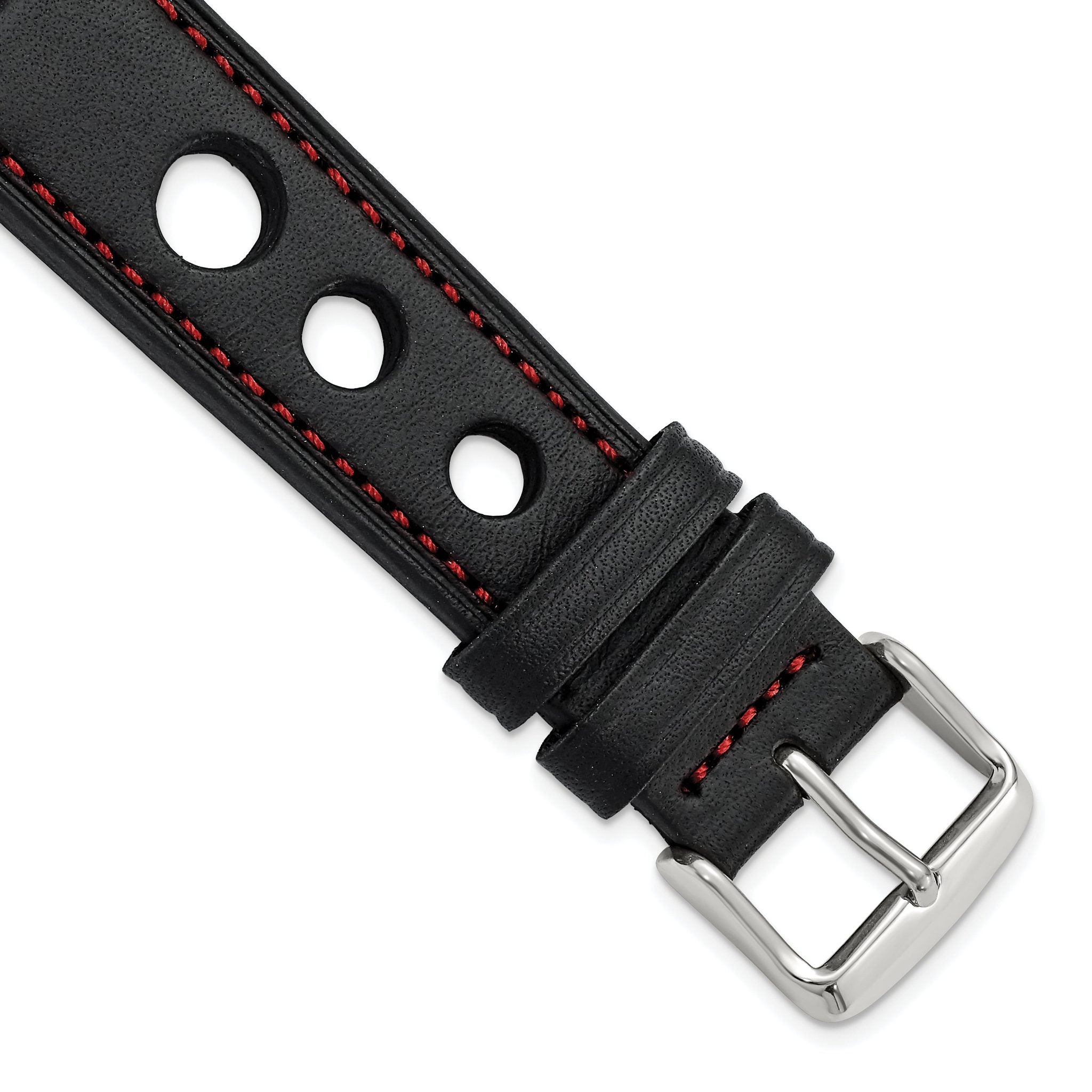 Grand Prix Leather Watch Band in Black with Red Stitching, 20mm